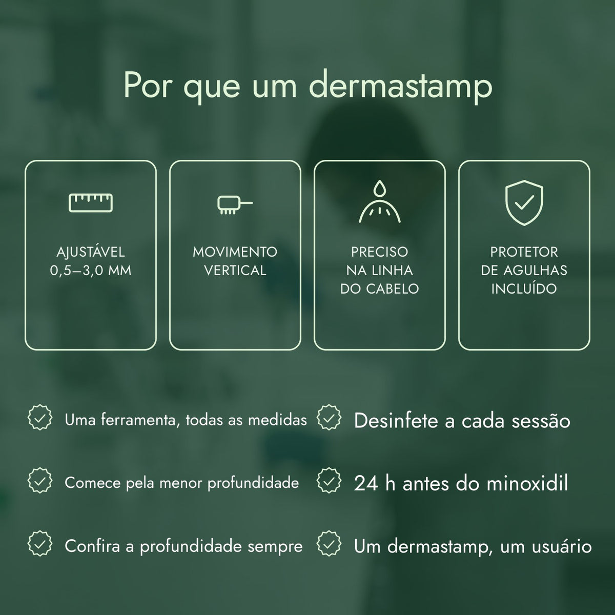 Por que um dermastamp: Ajustável 0,5–3,0 mm, Movimento vertical, Preciso na linha do cabelo, Protetor de agulhas incluído