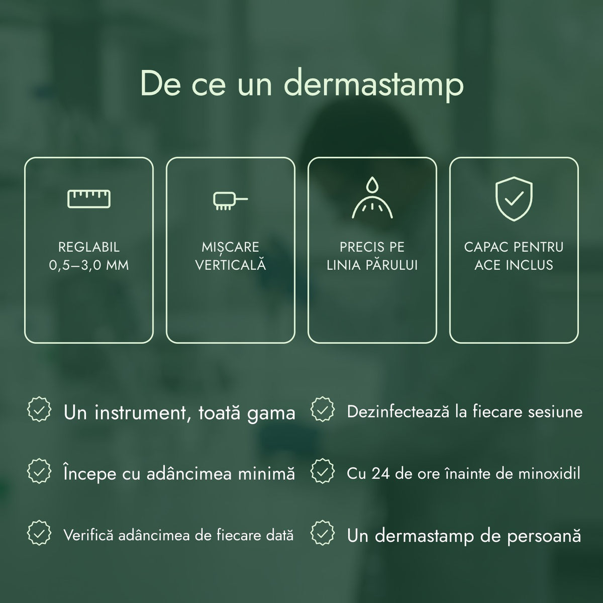 De ce un dermastamp: Reglabil 0,5–3,0 mm, Mișcare verticală, Precis pe linia părului, Capac pentru ace inclus