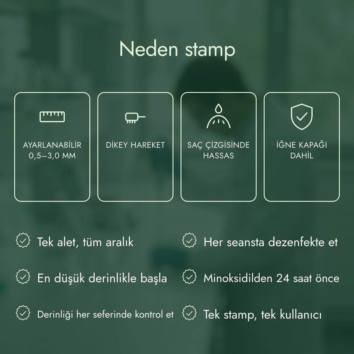 Neden stamp: Ayarlanabilir 0,5–3,0 mm, Dikey hareket, Saç çizgisinde hassas, İğne kapağı dahil