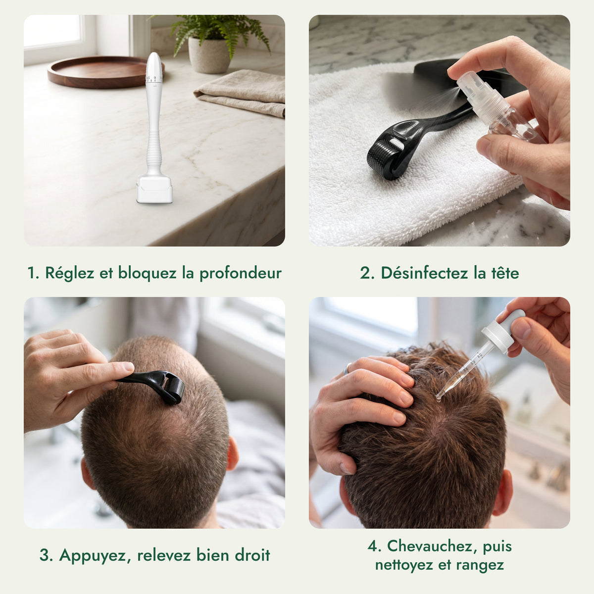 Dermastamp réglable, 0,5–3,0 mm: Réglez et bloquez la profondeur, Désinfectez la tête, Appuyez, relevez bien droit, Chevauchez, puis nettoyez et rangez