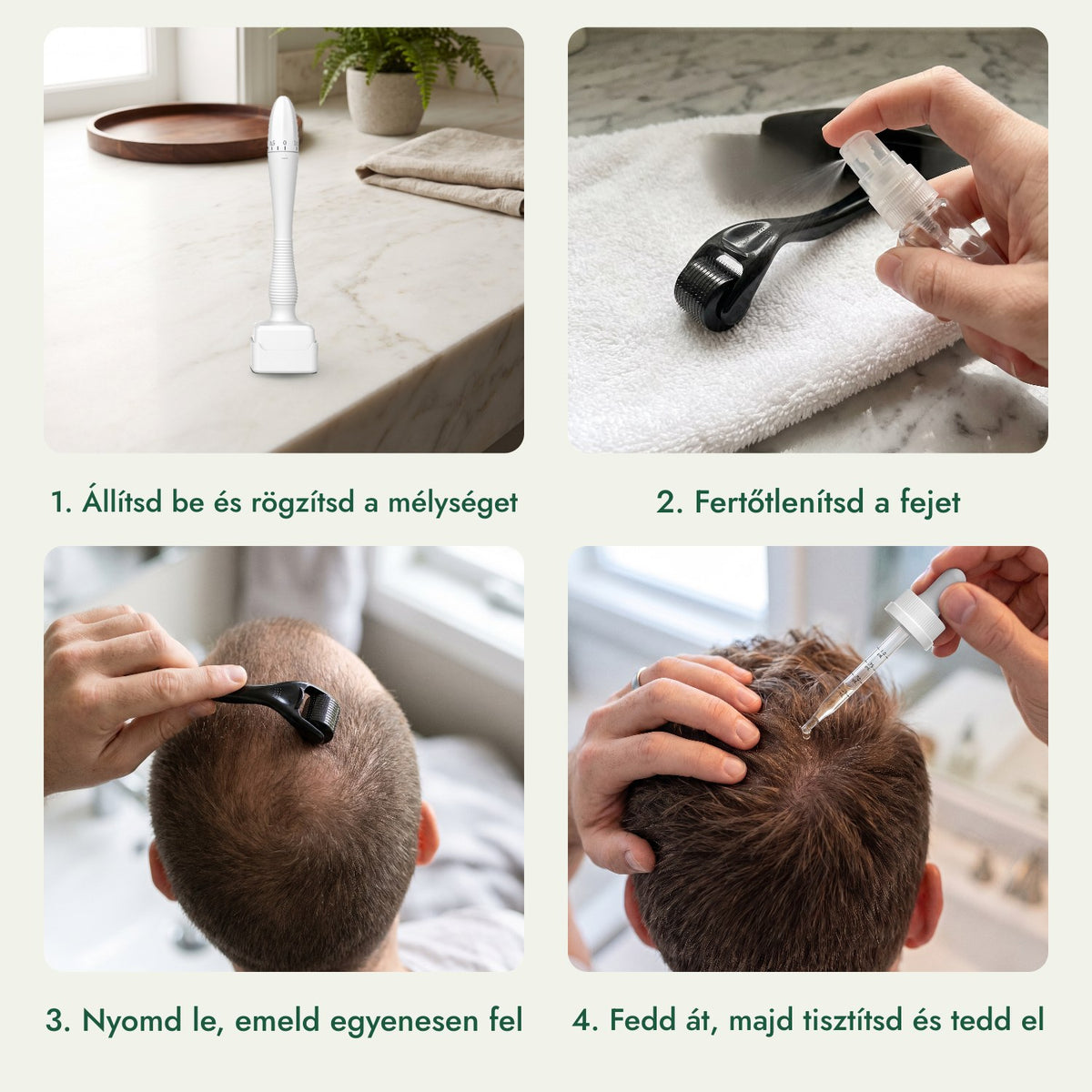 Állítható dermastamp, 0,5–3,0 mm: Állítsd be és rögzítsd a mélységet, Fertőtlenítsd a fejet, Nyomd le, emeld egyenesen fel, Fedd át, majd tisztítsd és tedd el