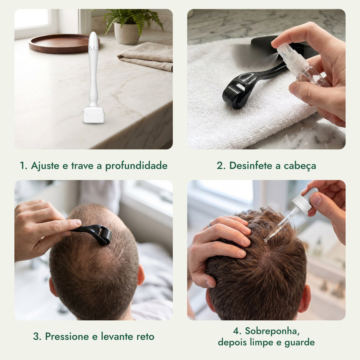Dermastamp ajustável, 0,5–3,0 mm: Ajuste e trave a profundidade, Desinfete a cabeça, Pressione e levante reto, Sobreponha, depois limpe e guarde