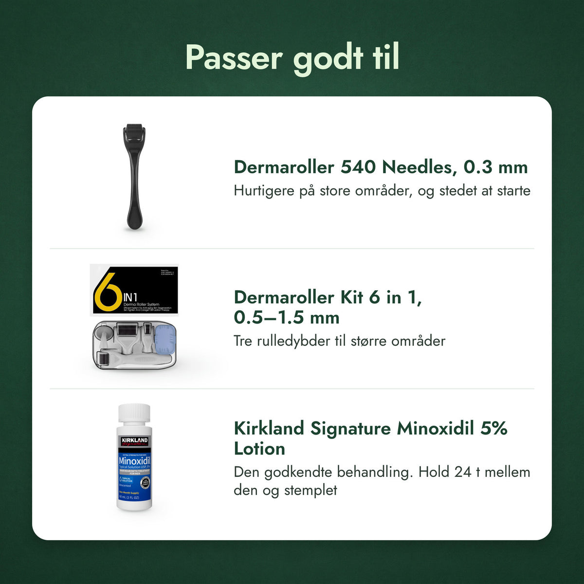 Passer godt til: Dermaroller 540 nåle, 0,3 mm, Dermaroller-kit 6-i-1, 0,5–1,5 mm, Kirkland Signature Minoxidil 5%
