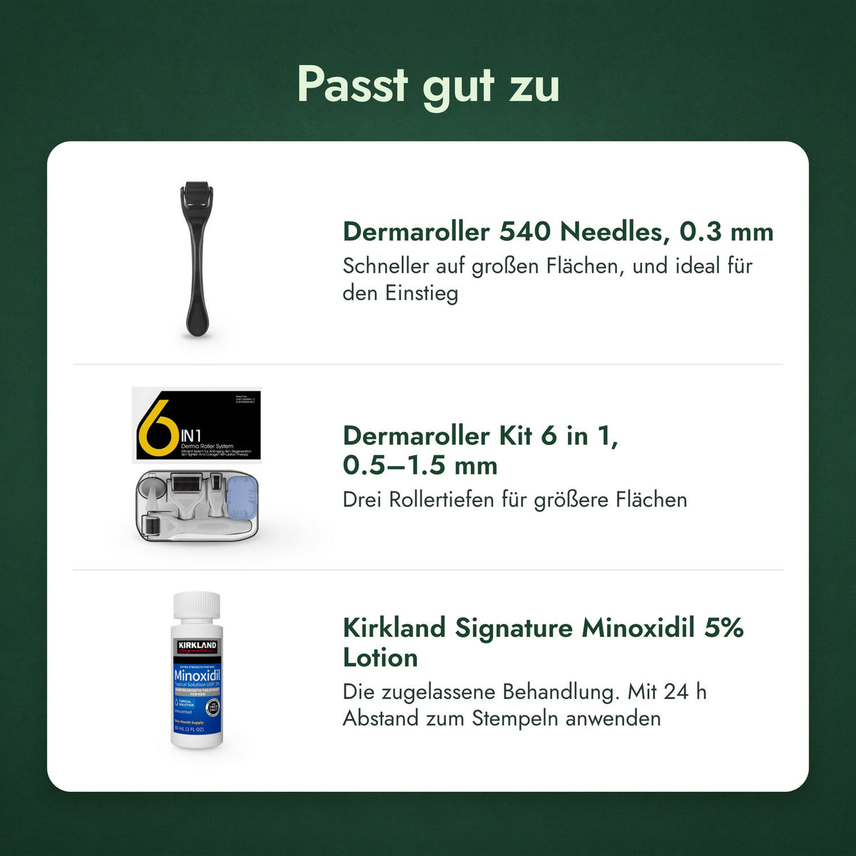 Passt gut zu: Dermaroller 540 Nadeln, 0,3 mm, Dermaroller-Kit 6-in-1, 0,5–1,5 mm, Kirkland Signature Minoxidil 5%