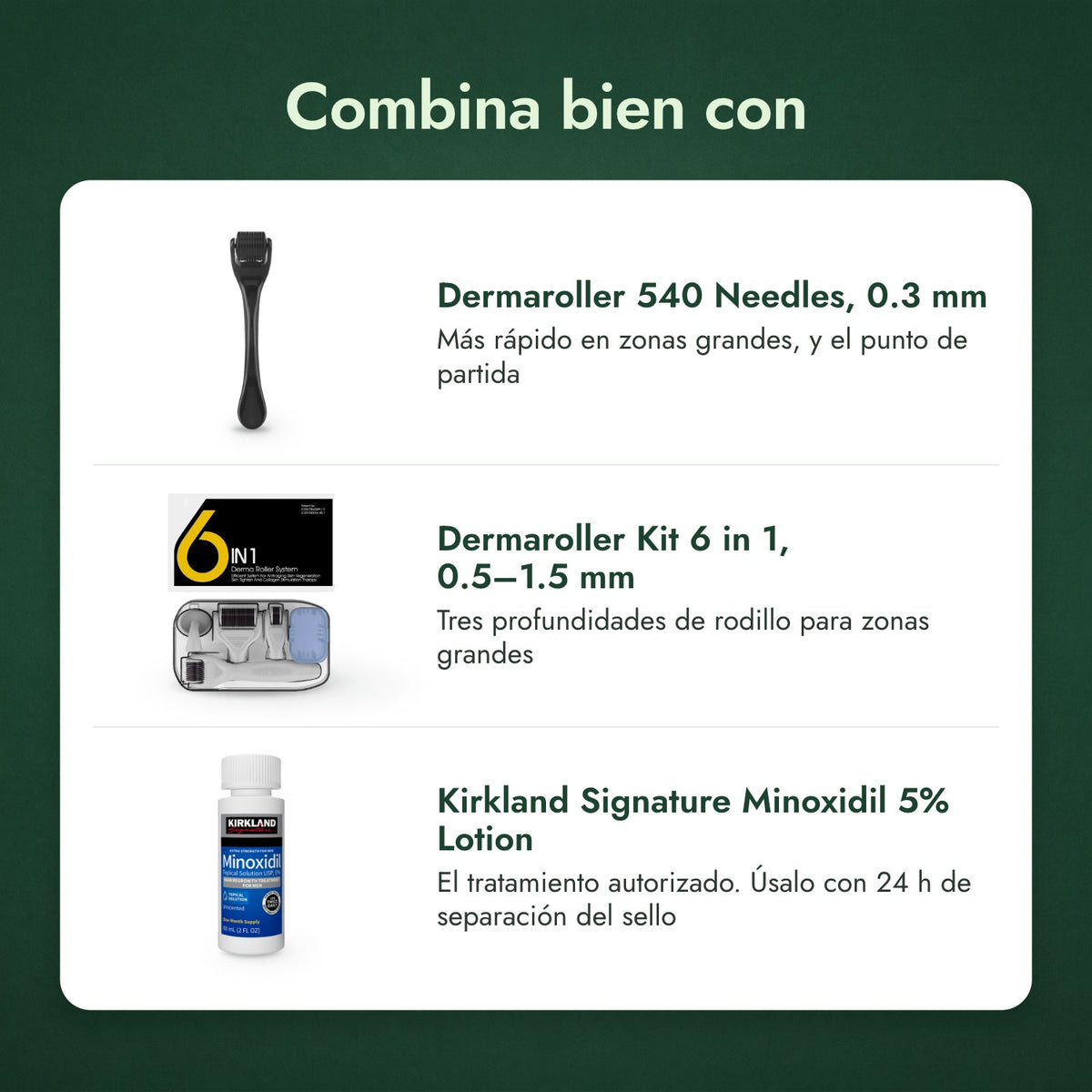 Combina bien con: Dermaroller 540 agujas, 0,3 mm, Kit dermaroller 6 en 1, 0,5–1,5 mm, Kirkland Signature Minoxidil 5%