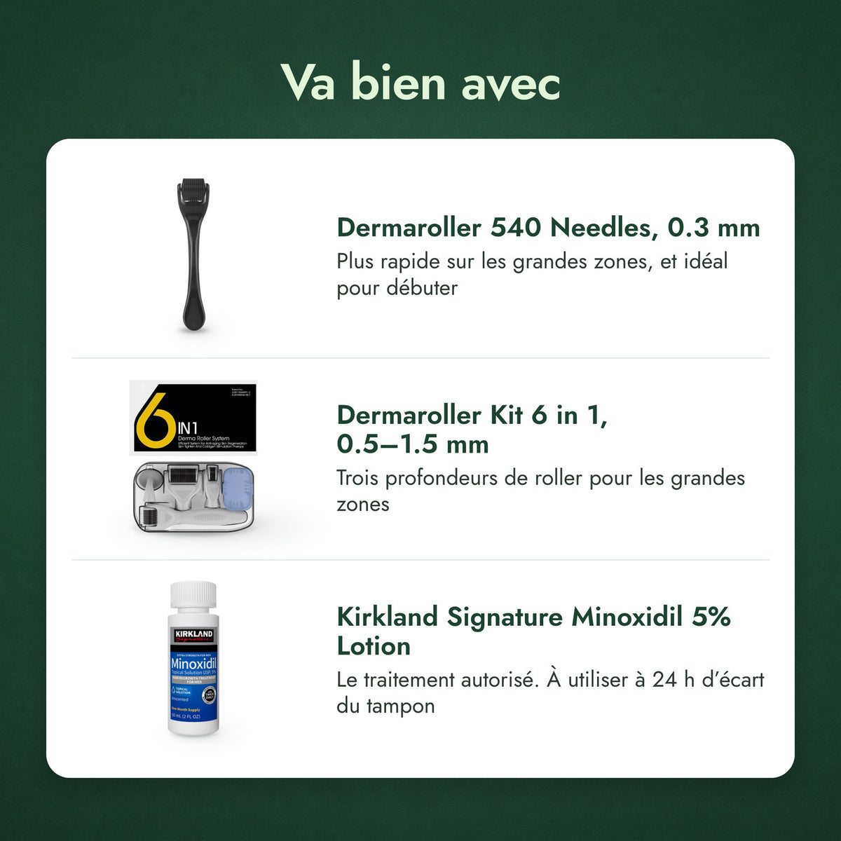 Va bien avec: Dermaroller 540 aiguilles, 0,3 mm, Kit dermaroller 6 en 1, 0,5–1,5 mm, Kirkland Signature Minoxidil 5%