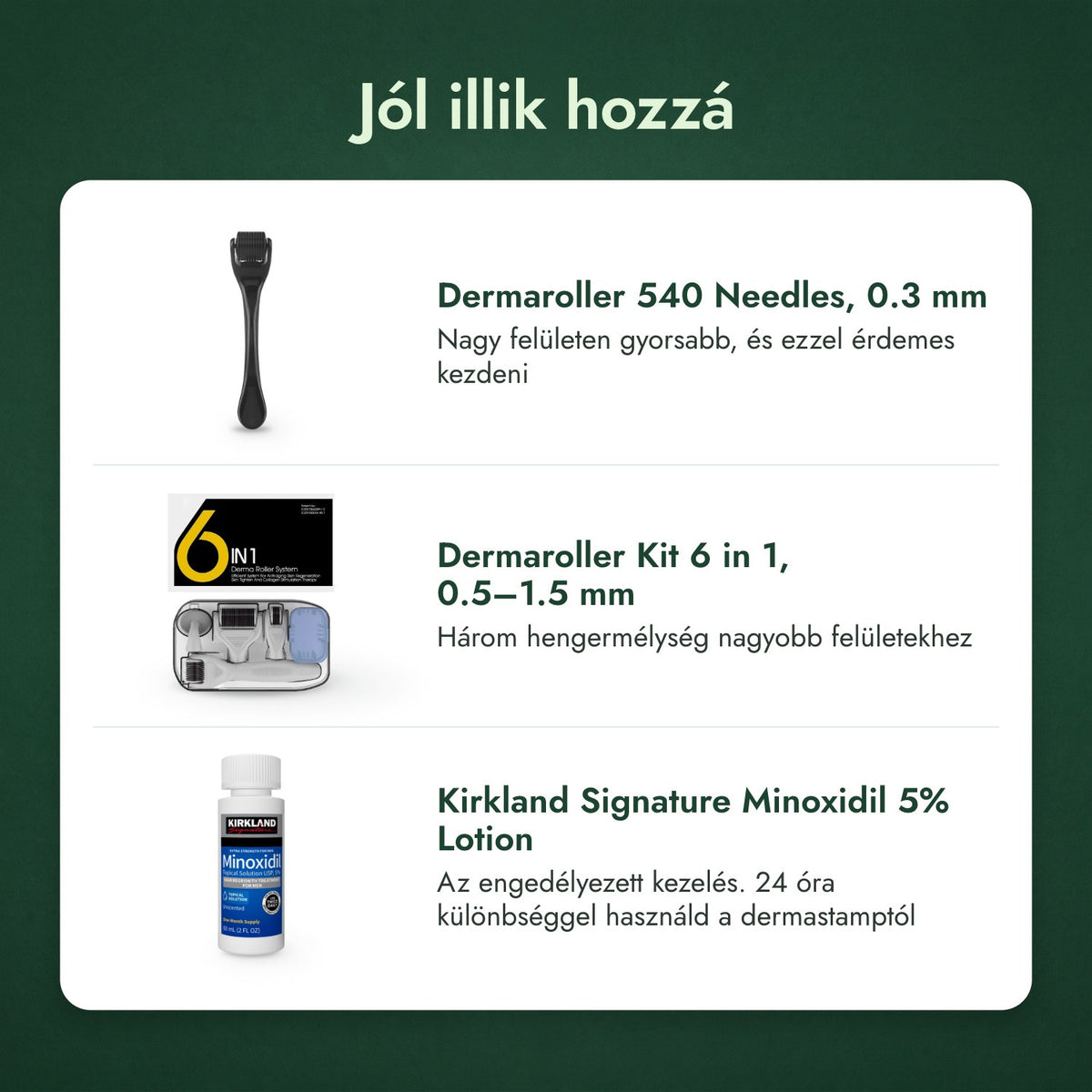 Jól illik hozzá: Dermaroller 540 tű, 0,3 mm, Dermaroller készlet 6 az 1-ben, 0,5–1,5 mm, Kirkland Signature Minoxidil 5%