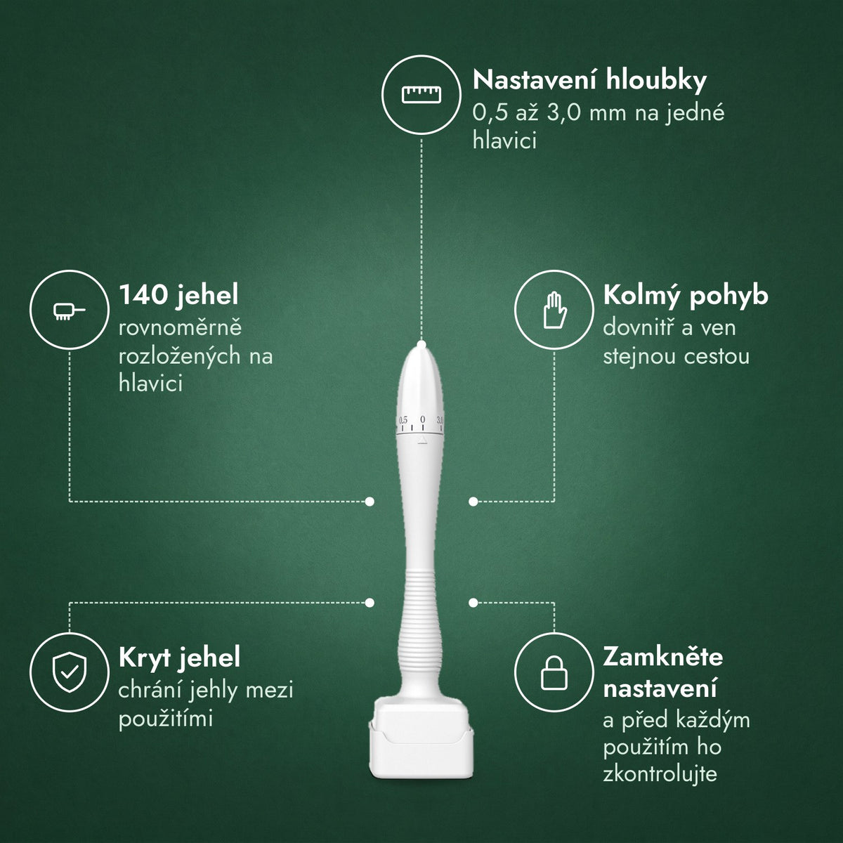 Nastavitelný dermastamp, 0,5–3,0 mm: Nastavení hloubky, 140 jehel, Kolmý pohyb, Kryt jehel, Zamkněte nastavení