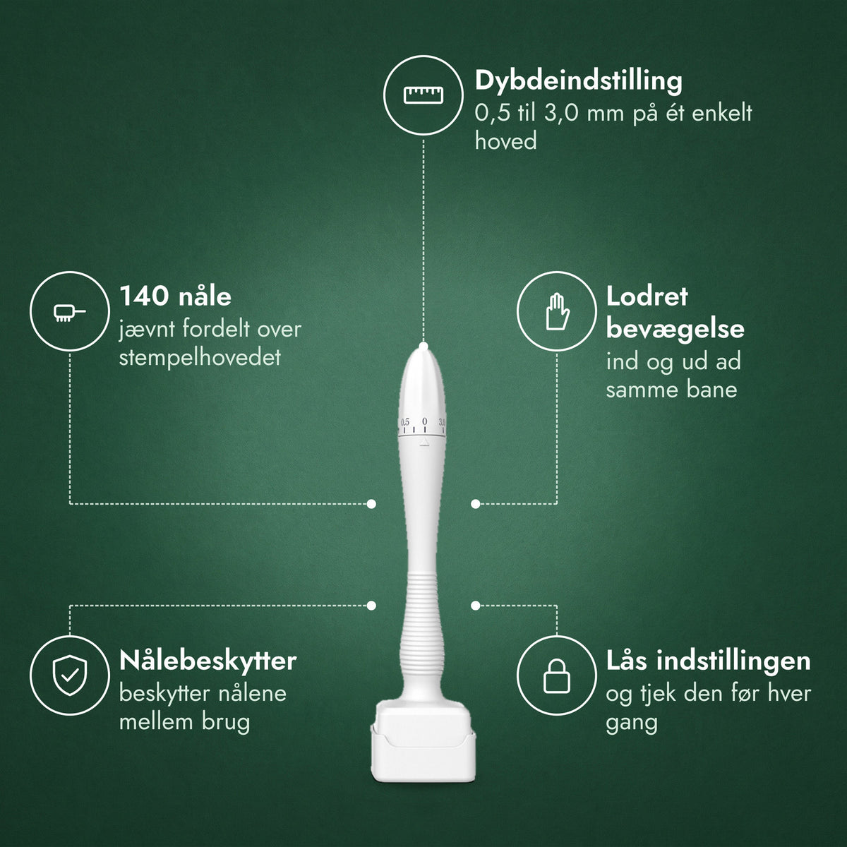 Justerbar dermastamp, 0,5–3,0 mm: Dybdeindstilling, 140 nåle, Lodret bevægelse, Nålebeskytter, Lås indstillingen