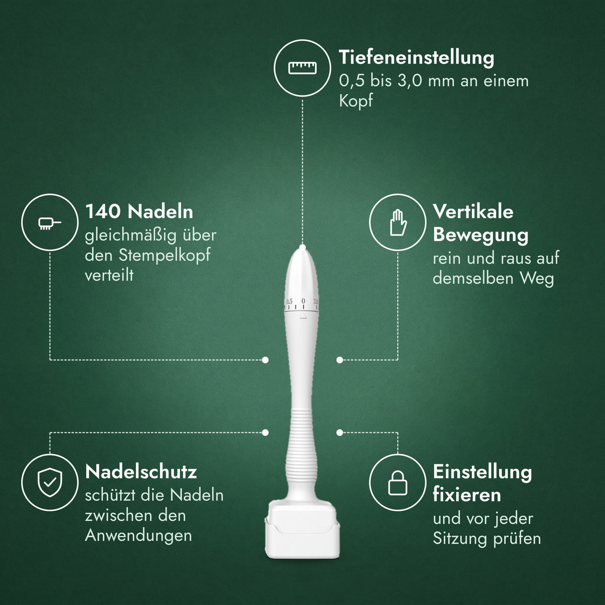 Verstellbarer Dermastamp, 0,5–3,0 mm: Tiefeneinstellung, 140 Nadeln, Vertikale Bewegung, Nadelschutz, Einstellung fixieren