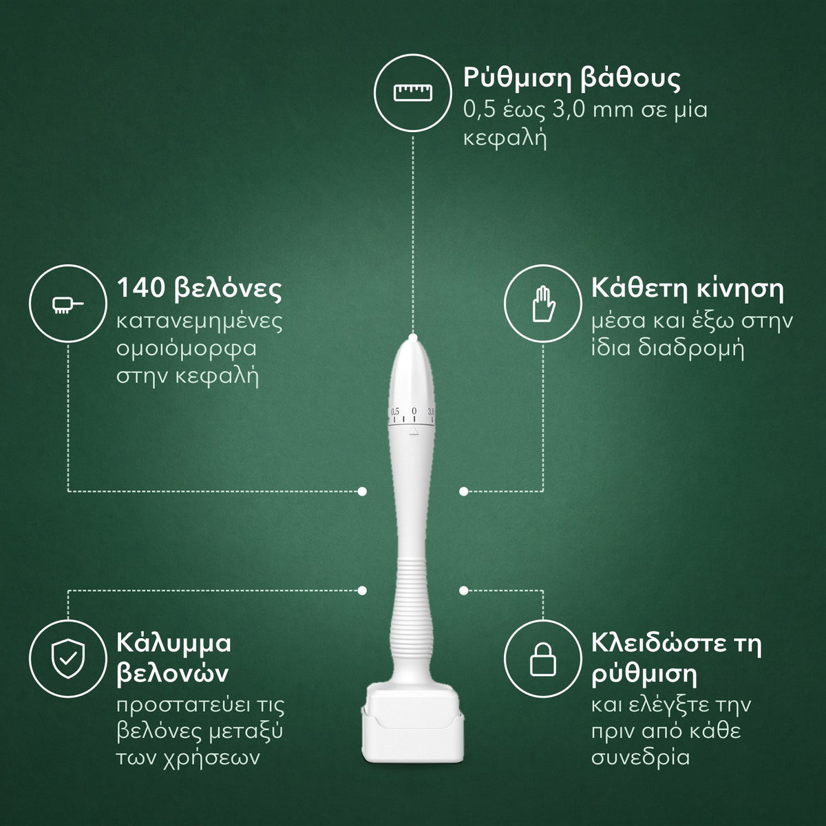 Ρυθμιζόμενο Dermastamp, 0,5–3,0 mm: Ρύθμιση βάθους, 140 βελόνες, Κάθετη κίνηση, Κάλυμμα βελονών, Κλειδώστε τη ρύθμιση