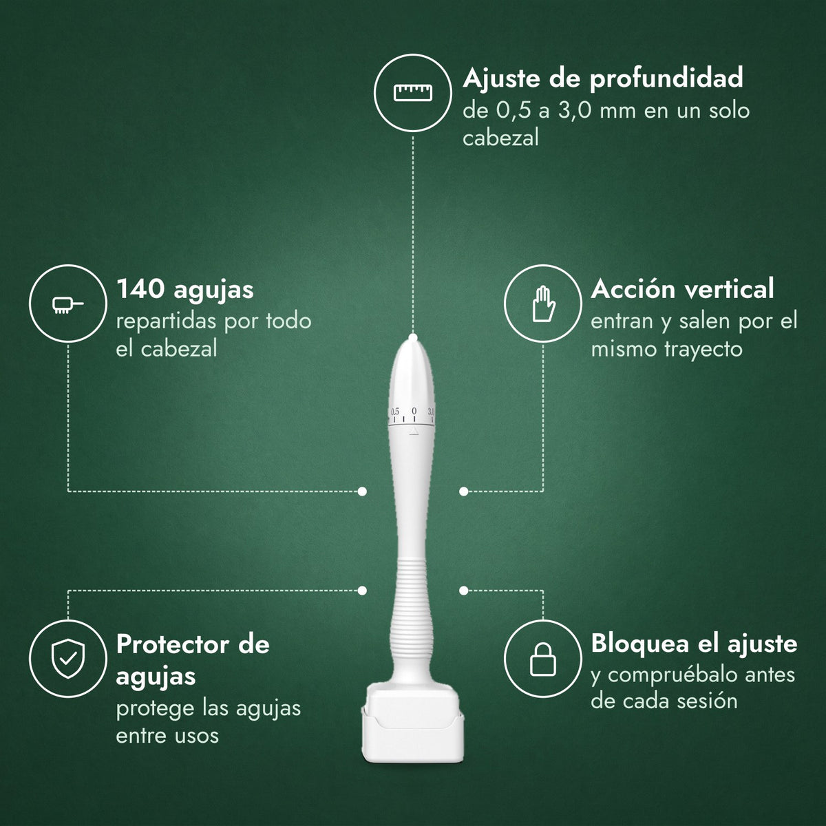 Dermastamp regulable, 0,5–3,0 mm: Ajuste de profundidad, 140 agujas, Acción vertical, Protector de agujas, Bloquea el ajuste