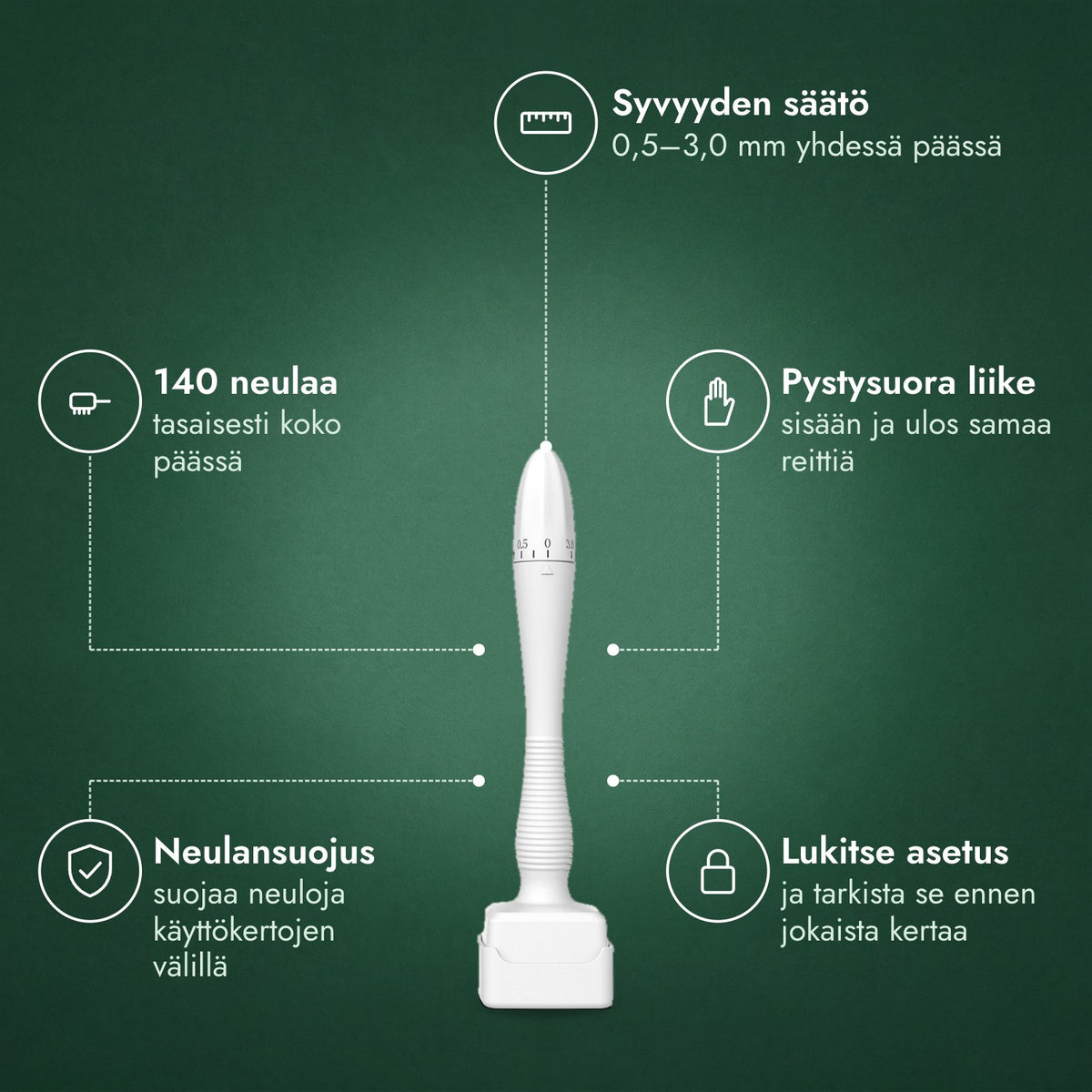 Säädettävä dermastamp, 0,5–3,0 mm: Syvyyden säätö, 140 neulaa, Pystysuora liike, Neulansuojus, Lukitse asetus