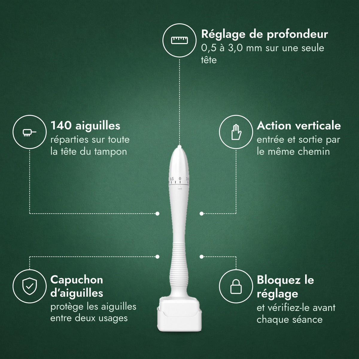 Dermastamp réglable, 0,5–3,0 mm: Réglage de profondeur, 140 aiguilles, Action verticale, Capuchon d’aiguilles, Bloquez le réglage