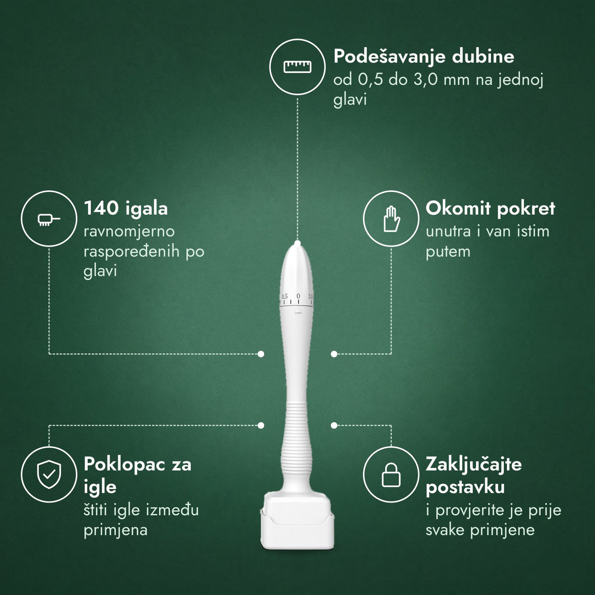 Podesivi dermastamp, 0,5–3,0 mm: Podešavanje dubine, 140 igala, Okomit pokret, Poklopac za igle, Zaključajte postavku