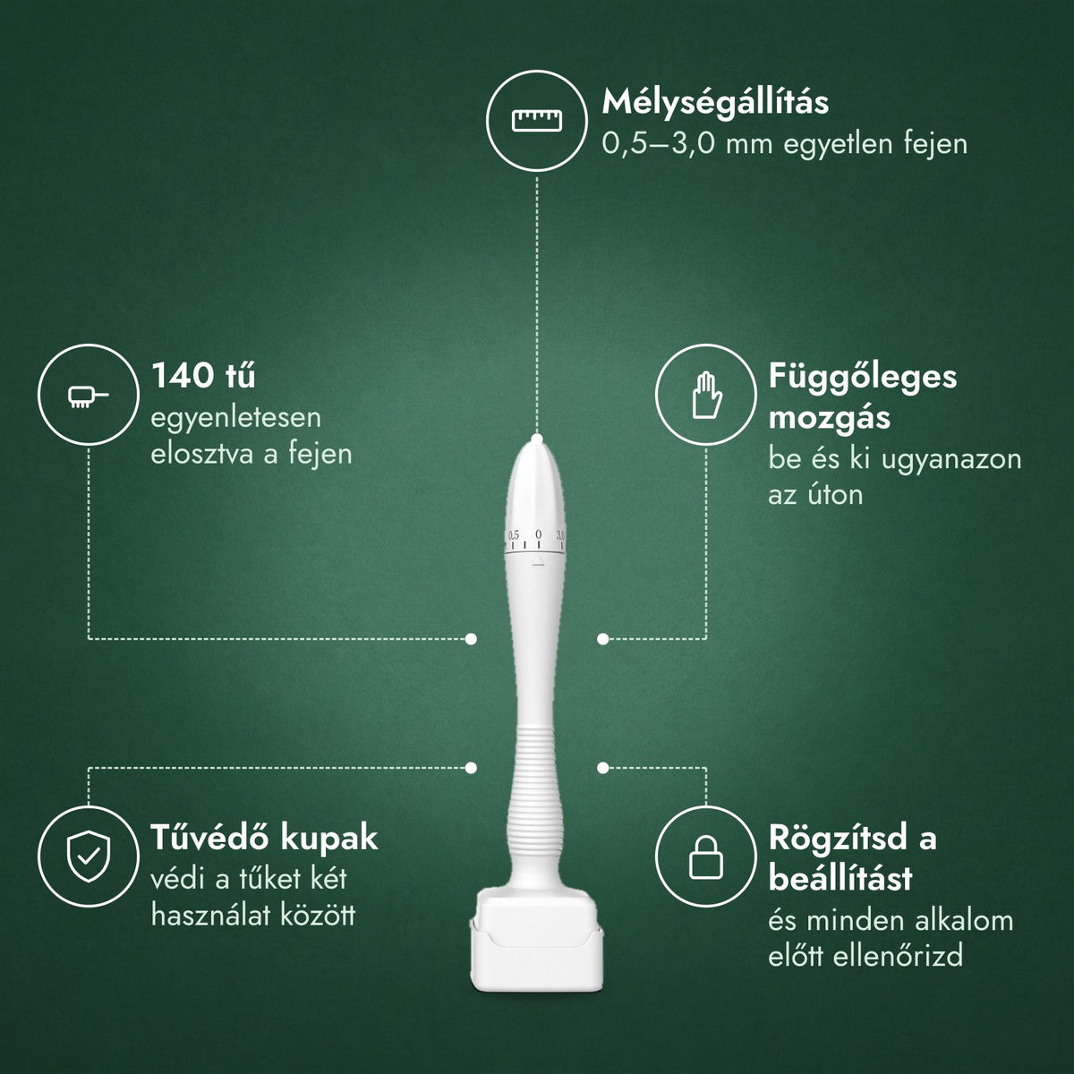 Állítható dermastamp, 0,5–3,0 mm: Mélységállítás, 140 tű, Függőleges mozgás, Tűvédő kupak, Rögzítsd a beállítást