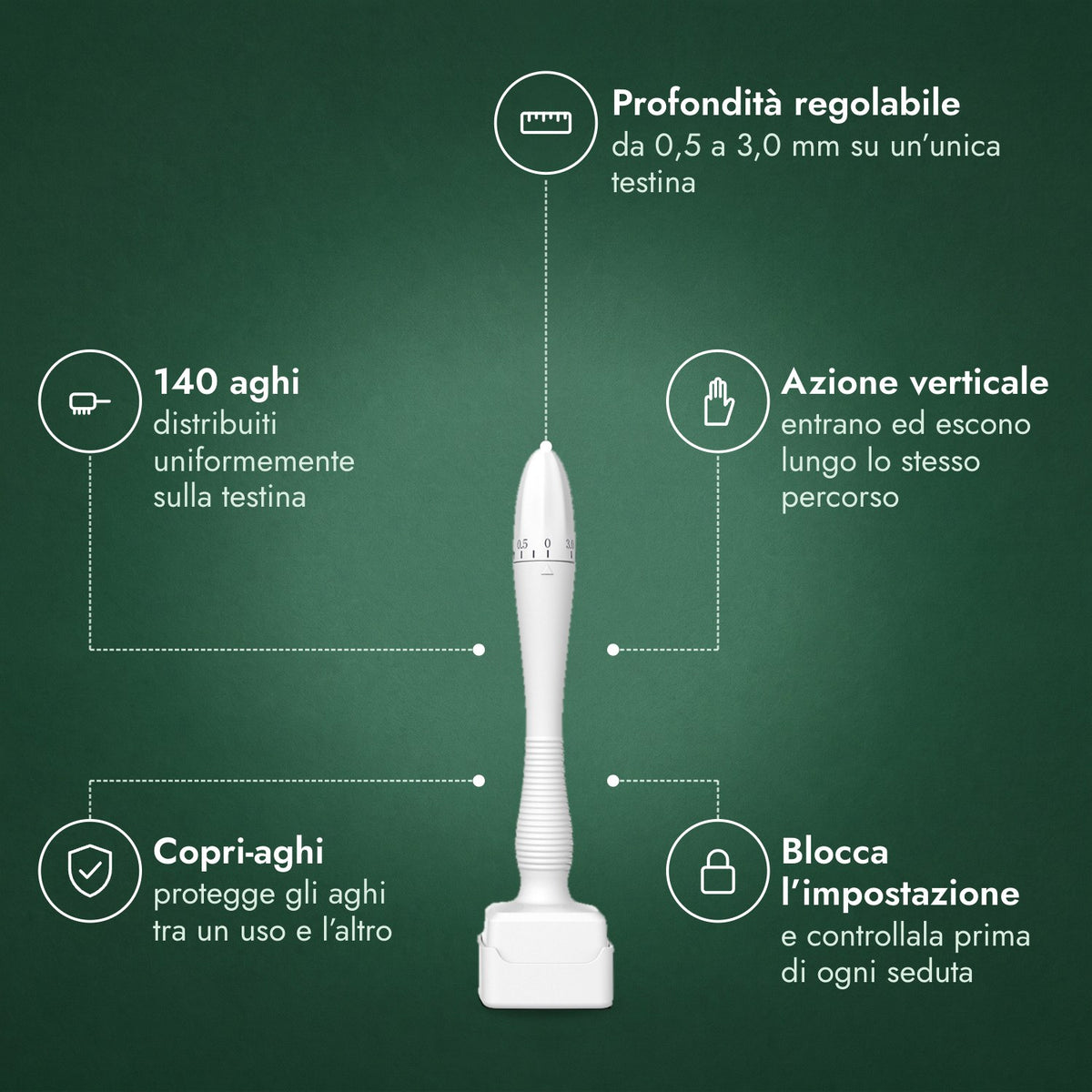 Dermastamp regolabile, 0,5–3,0 mm: Profondità regolabile, 140 aghi, Azione verticale, Copri-aghi, Blocca l’impostazione