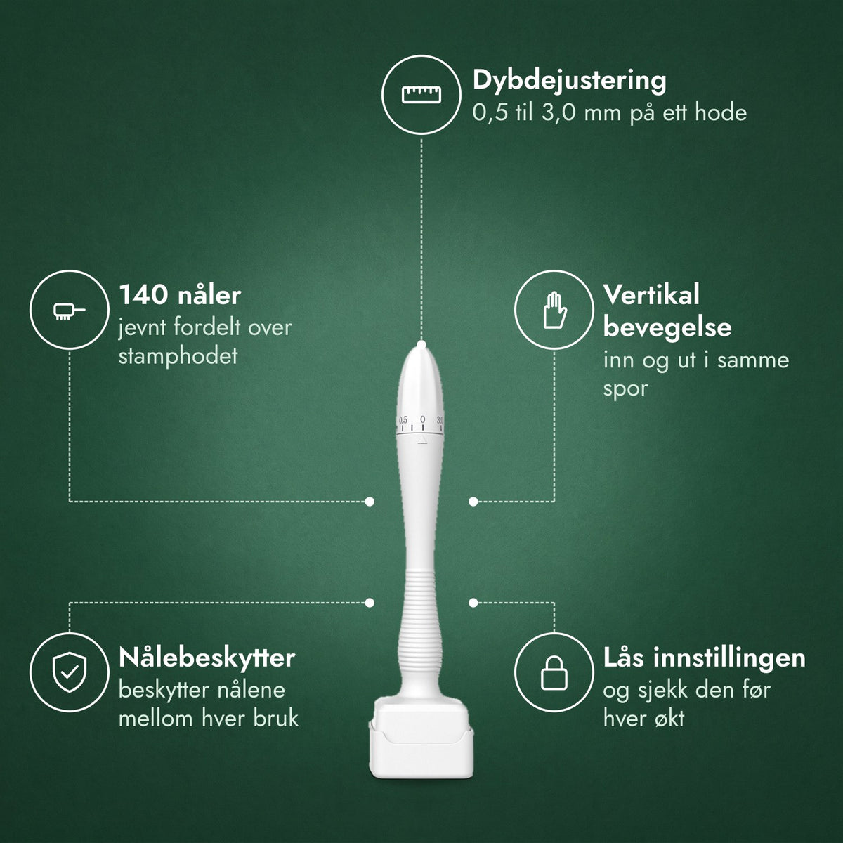 Justerbar dermastamp, 0,5–3,0 mm: Dybdejustering, 140 nåler, Vertikal bevegelse, Nålebeskytter, Lås innstillingen