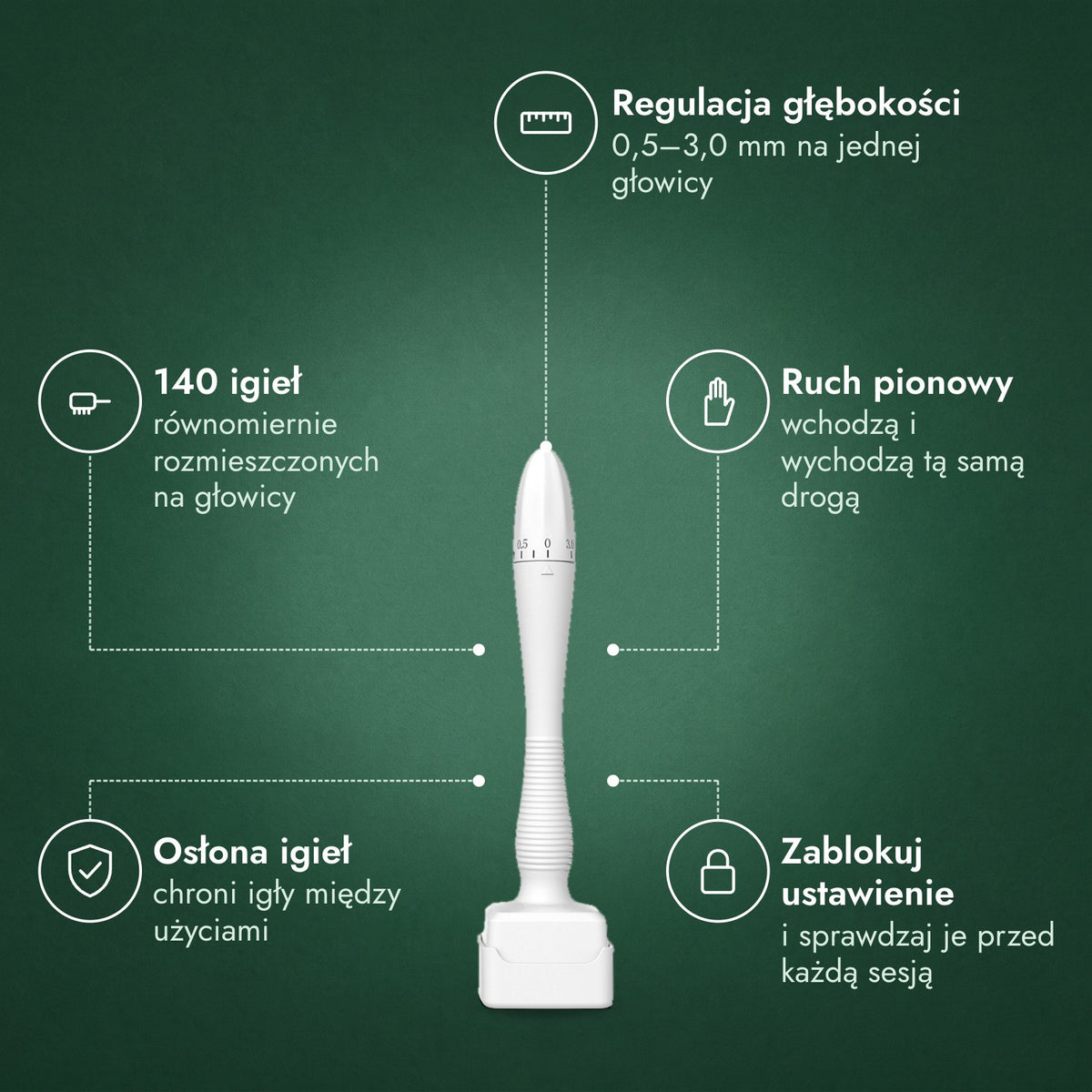 Regulowany dermastamp, 0,5–3,0 mm: Regulacja głębokości, 140 igieł, Ruch pionowy, Osłona igieł, Zablokuj ustawienie