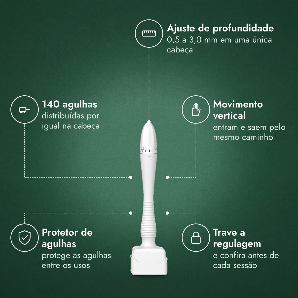 Dermastamp ajustável, 0,5–3,0 mm: Ajuste de profundidade, 140 agulhas, Movimento vertical, Protetor de agulhas, Trave a regulagem
