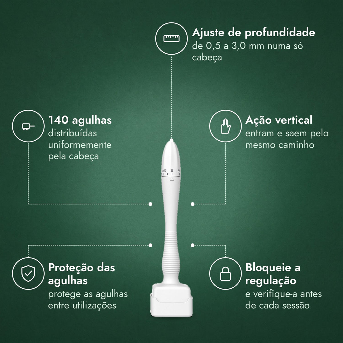 Dermastamp ajustável, 0,5–3,0 mm: Ajuste de profundidade, 140 agulhas, Ação vertical, Proteção das agulhas, Bloqueie a regulação