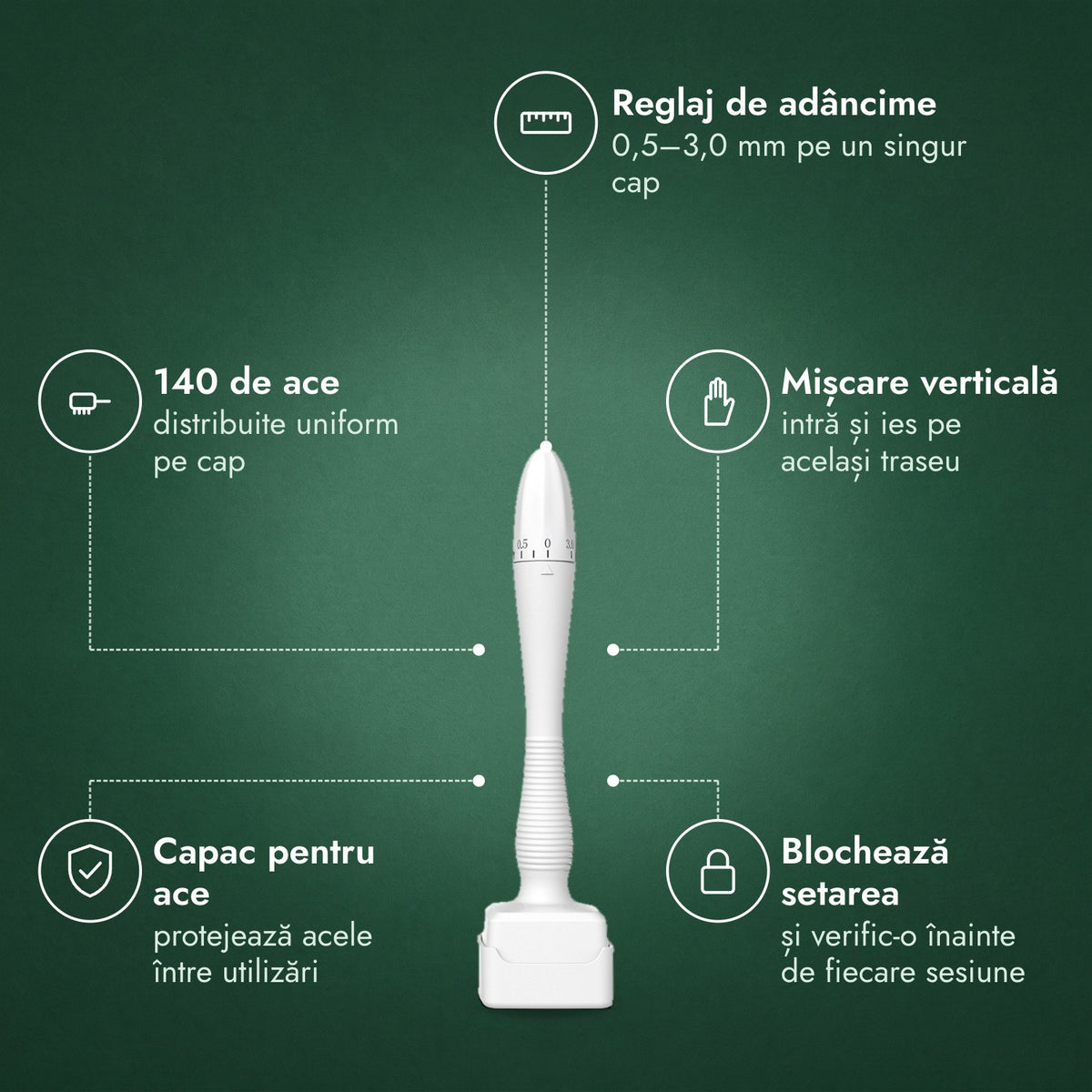 Dermastamp reglabil, 0,5–3,0 mm: Reglaj de adâncime, 140 de ace, Mișcare verticală, Capac pentru ace, Blochează setarea