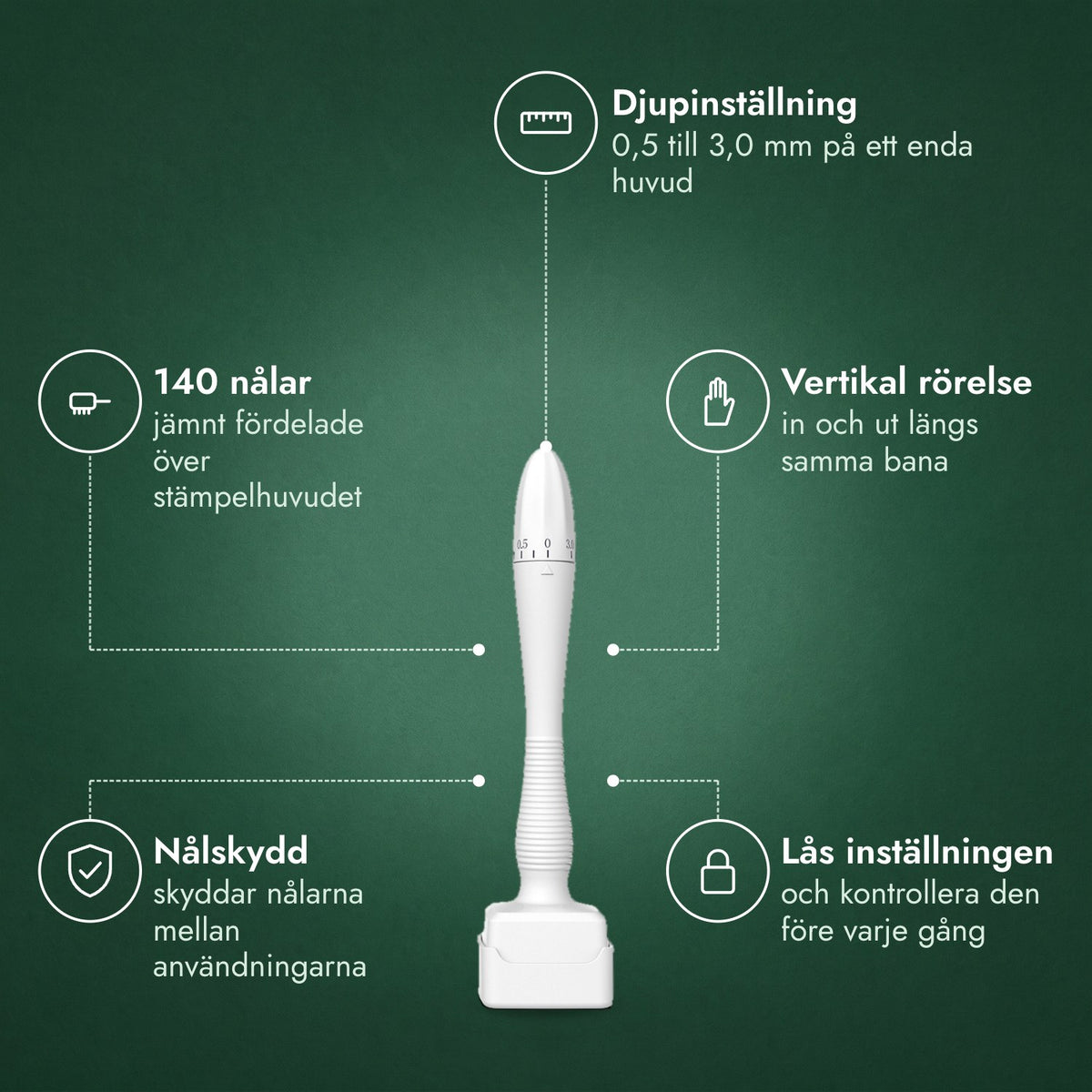 Justerbar dermastamp, 0,5–3,0 mm: Djupinställning, 140 nålar, Vertikal rörelse, Nålskydd, Lås inställningen