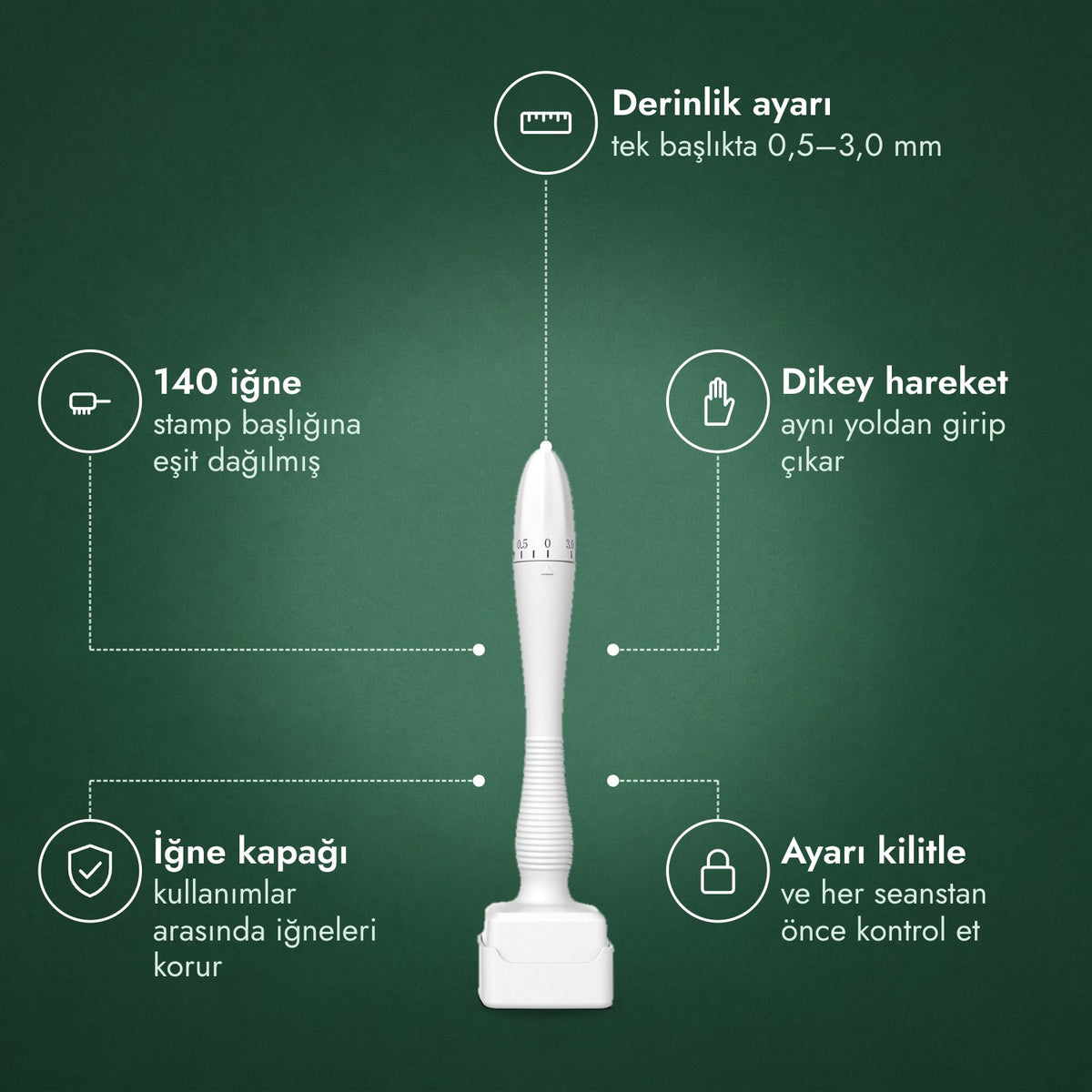 Ayarlanabilir dermastamp, 0,5–3,0 mm: Derinlik ayarı, 140 iğne, Dikey hareket, İğne kapağı, Ayarı kilitle
