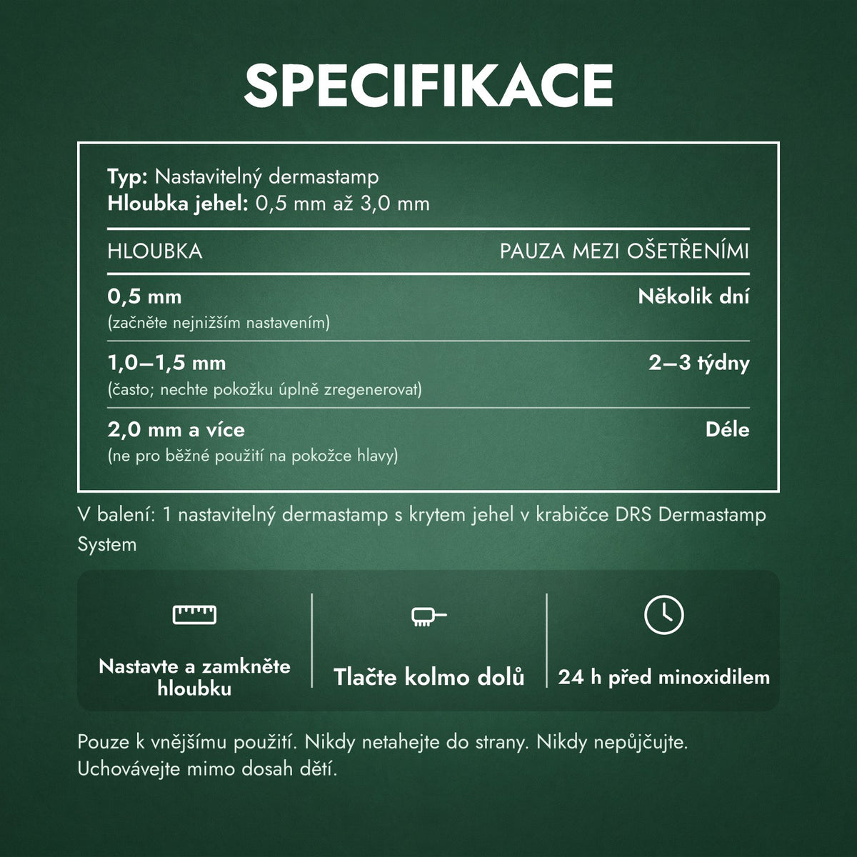 Specifikace: Nastavitelný dermastamp, 0,5–3,0 mm