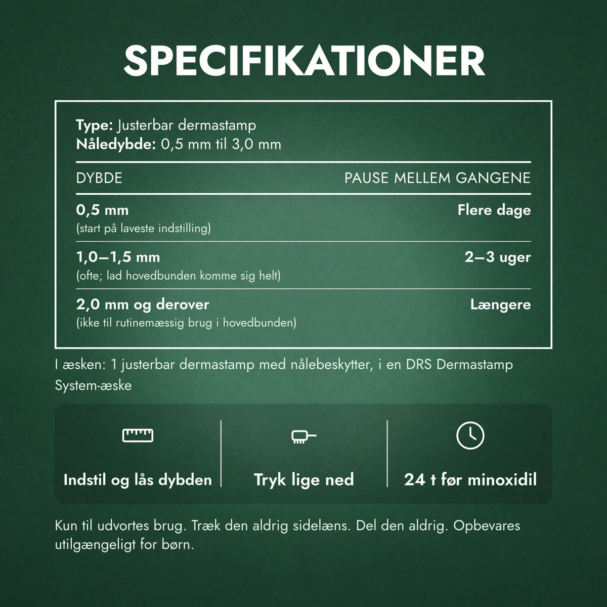 Specifikationer: Justerbar dermastamp, 0,5–3,0 mm