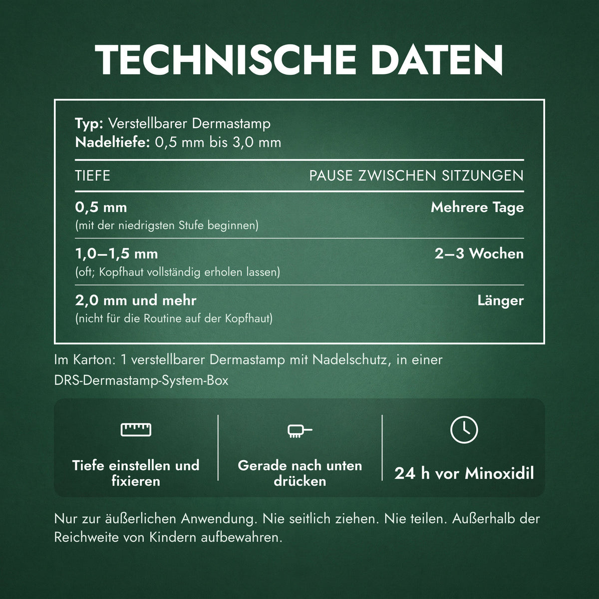 Technische Daten: Verstellbarer Dermastamp, 0,5–3,0 mm