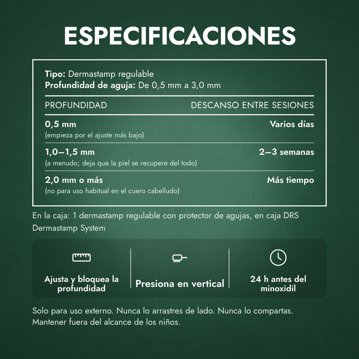 Especificaciones: Dermastamp regulable, 0,5–3,0 mm