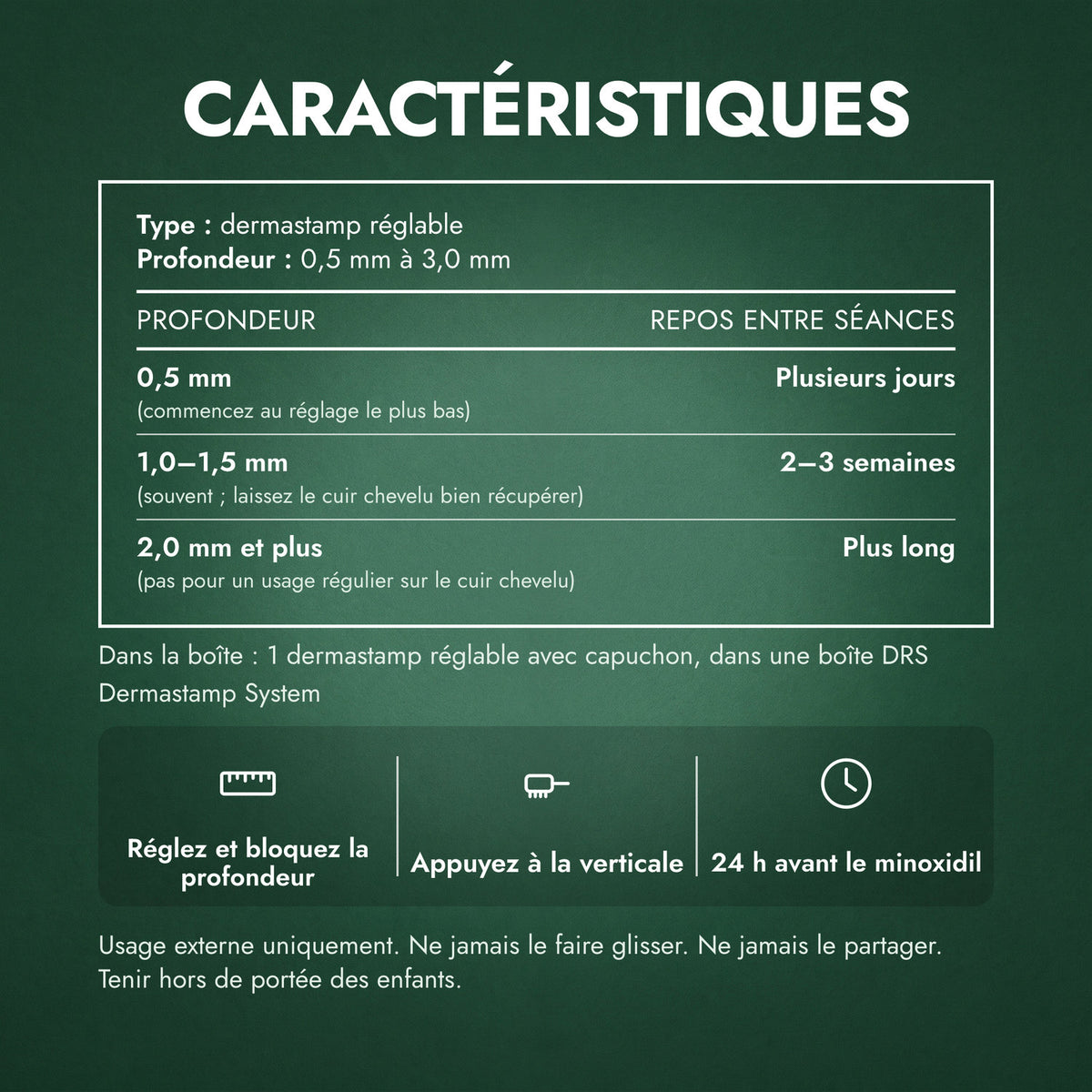 Caractéristiques: Dermastamp réglable, 0,5–3,0 mm