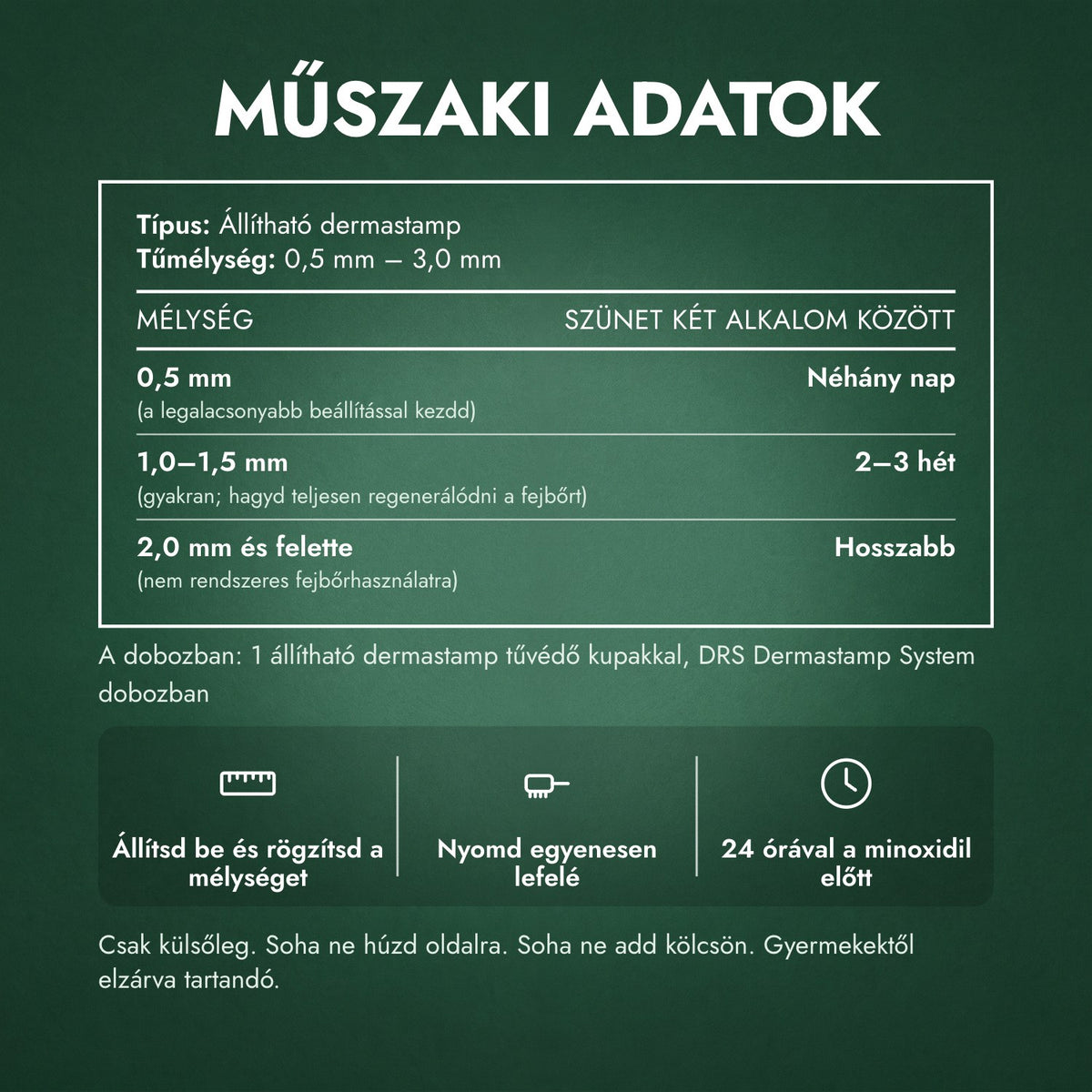 Műszaki adatok: Állítható dermastamp, 0,5–3,0 mm