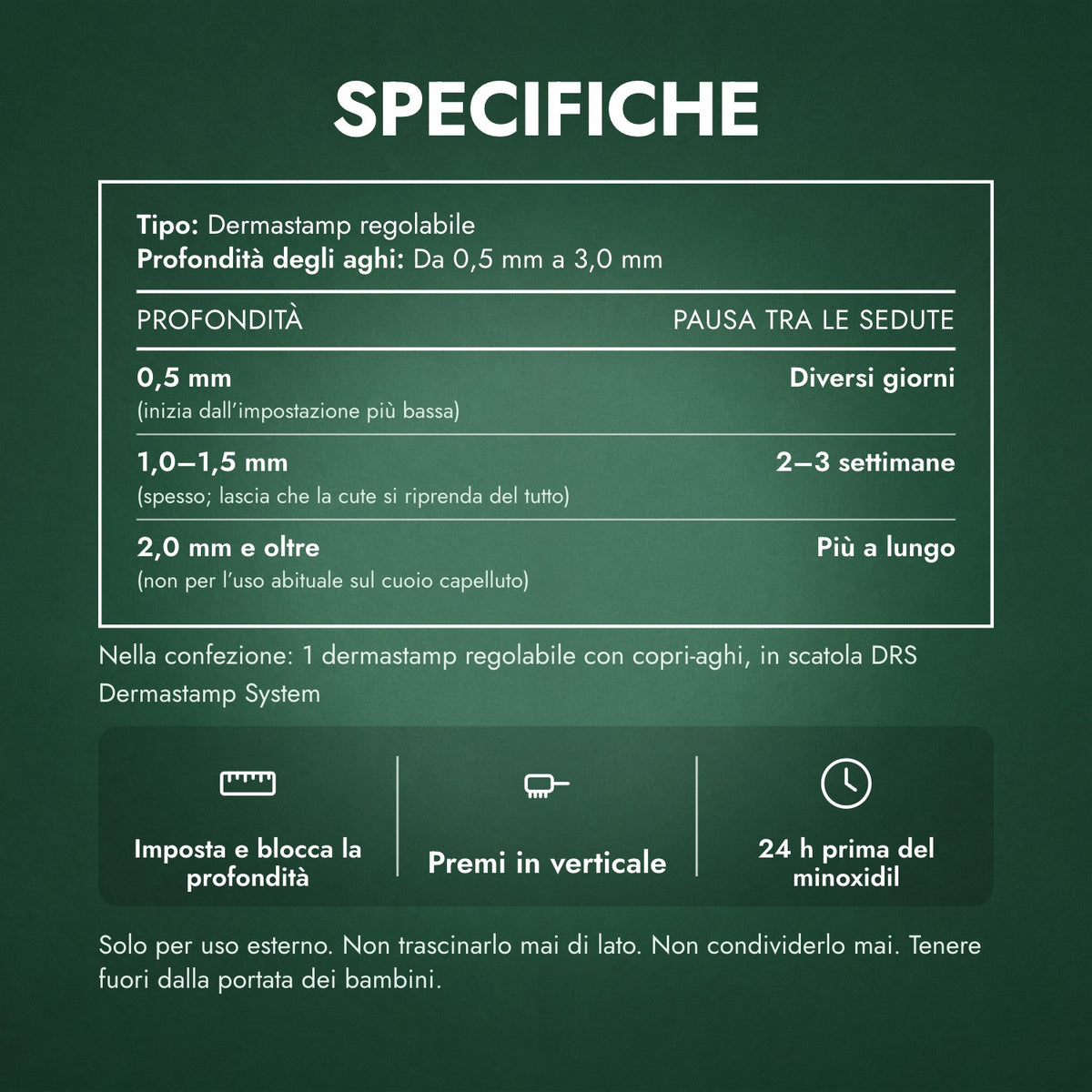 Specifiche: Dermastamp regolabile, 0,5–3,0 mm