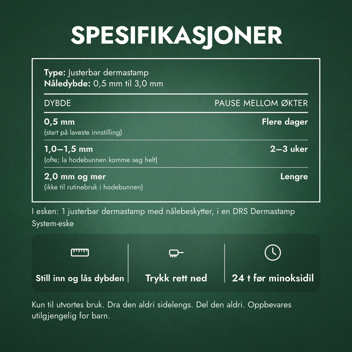 Spesifikasjoner: Justerbar dermastamp, 0,5–3,0 mm