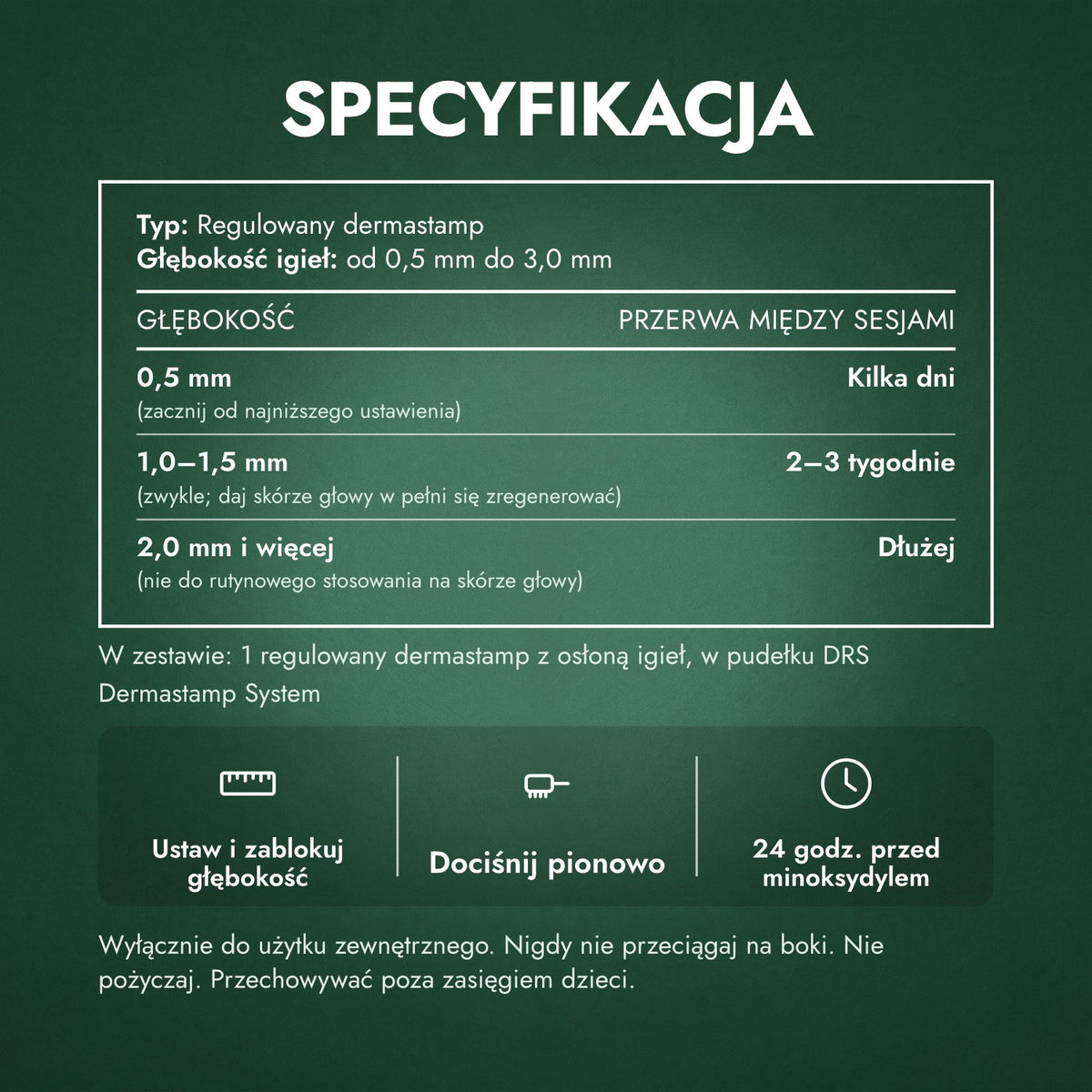 Specyfikacja: Regulowany dermastamp, 0,5–3,0 mm