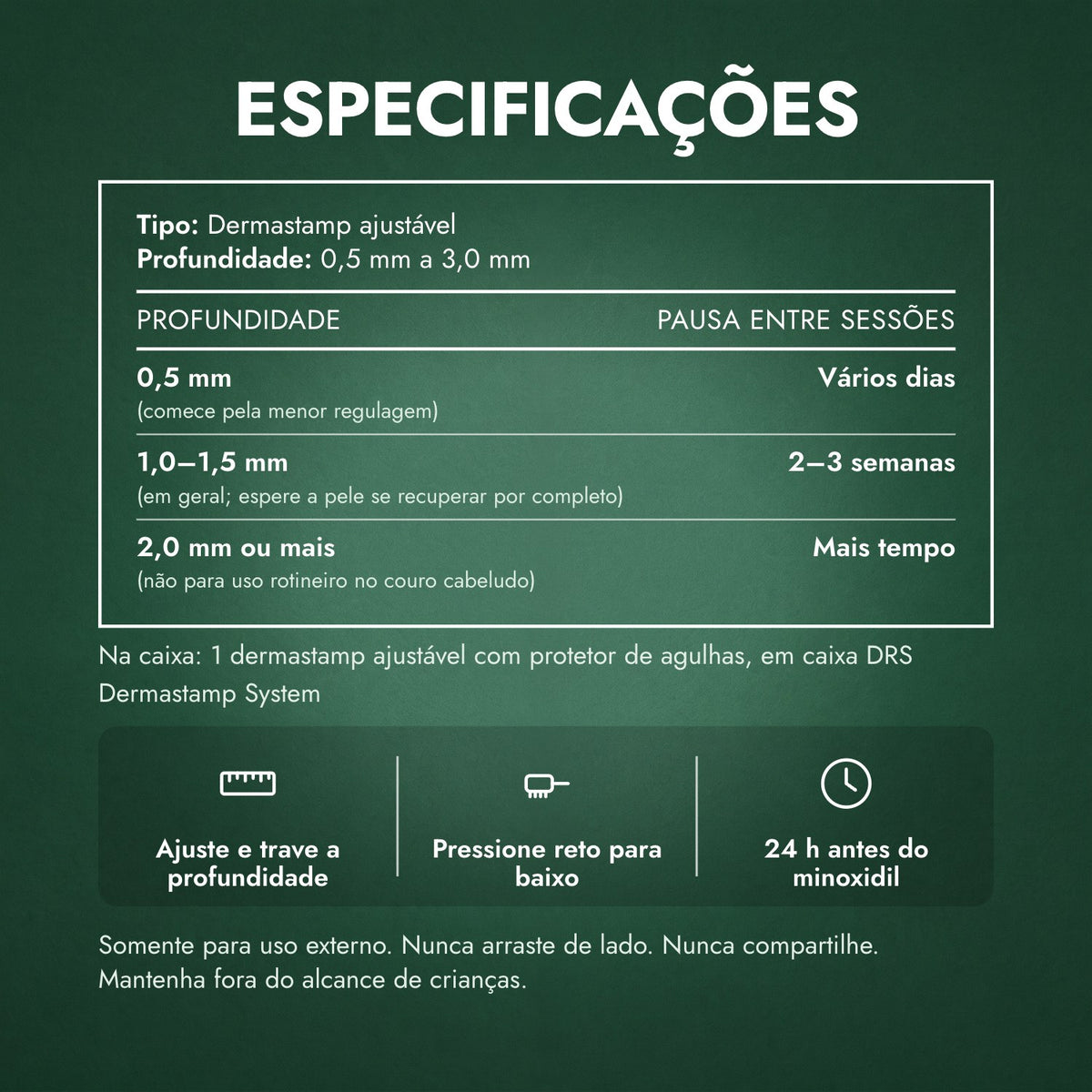 Especificações: Dermastamp ajustável, 0,5–3,0 mm