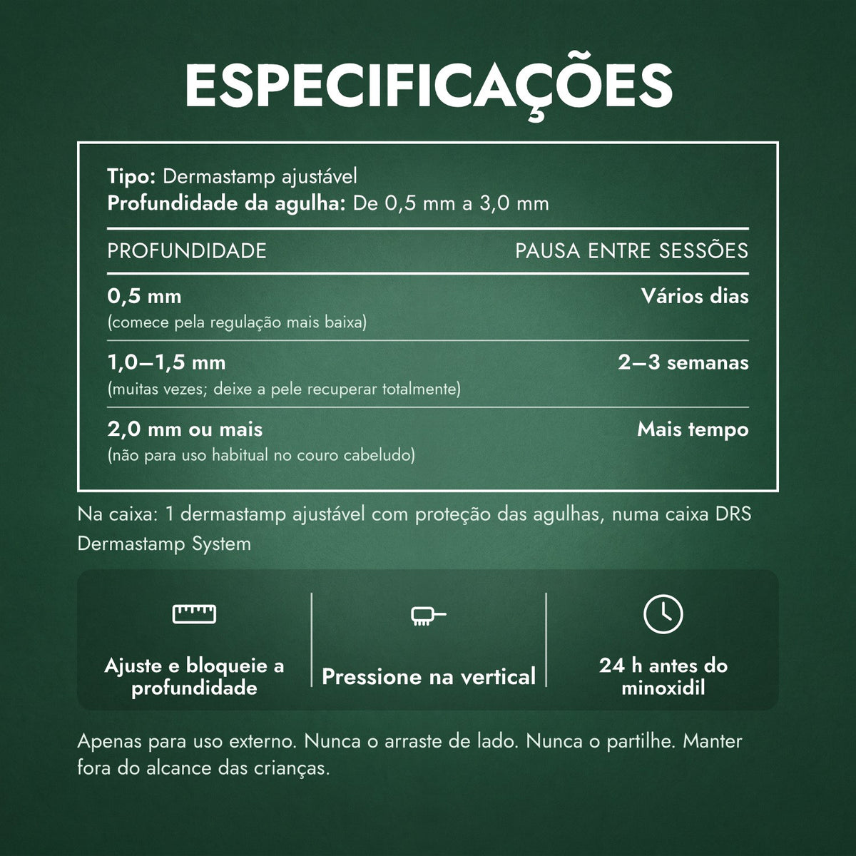 Especificações: Dermastamp ajustável, 0,5–3,0 mm