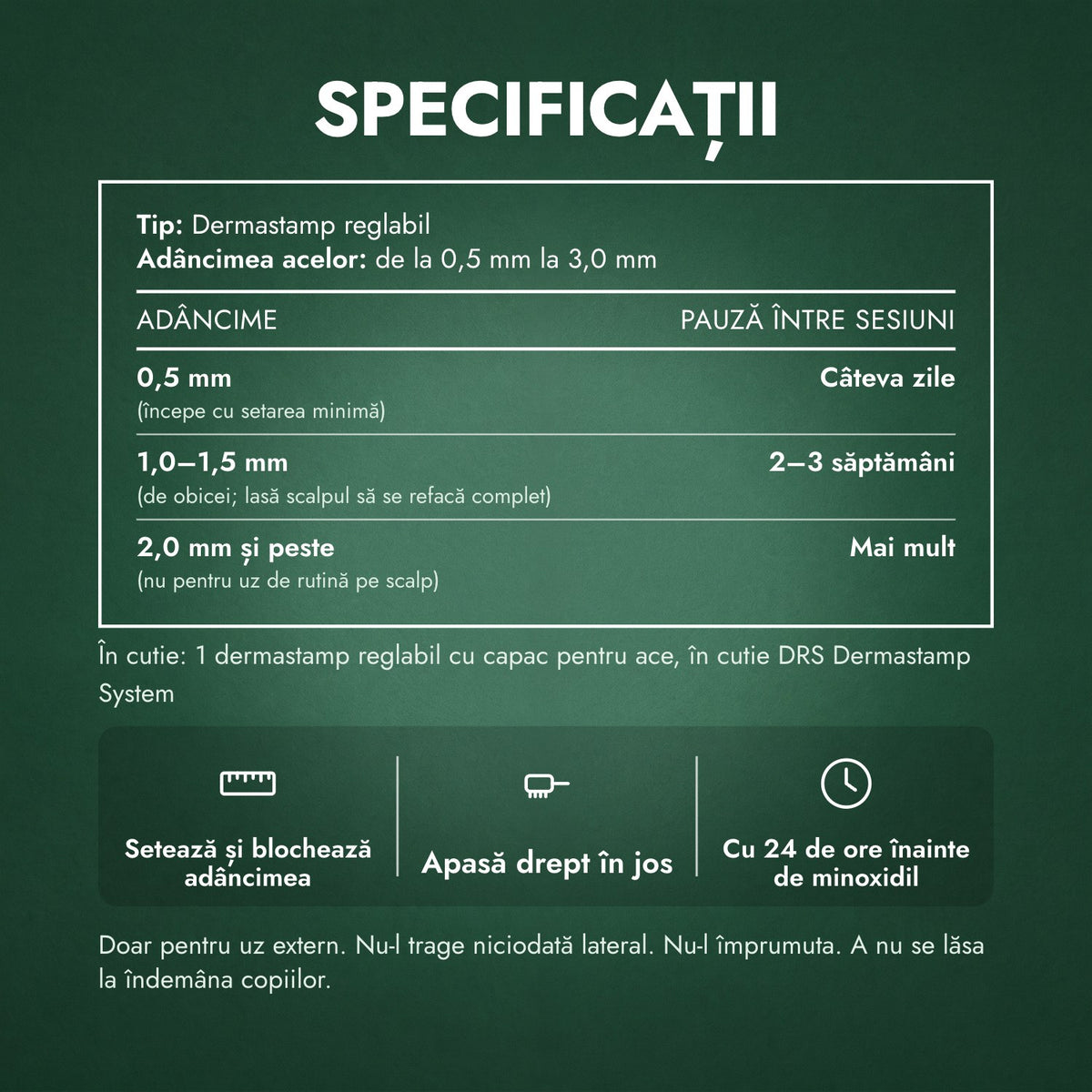 Specificații: Dermastamp reglabil, 0,5–3,0 mm