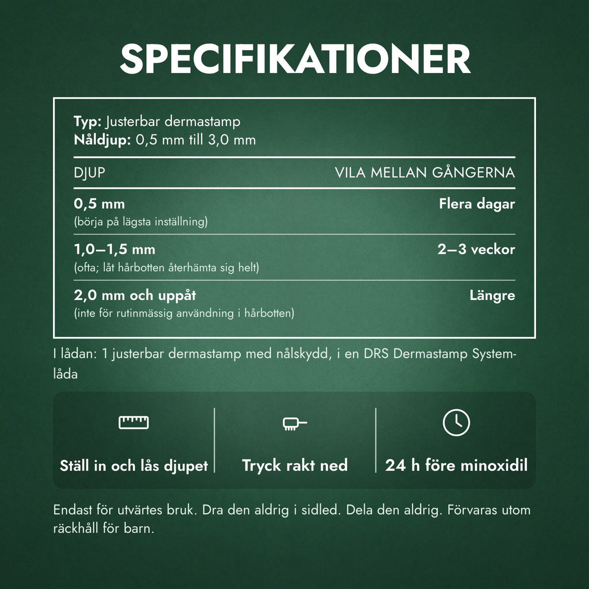 Specifikationer: Justerbar dermastamp, 0,5–3,0 mm