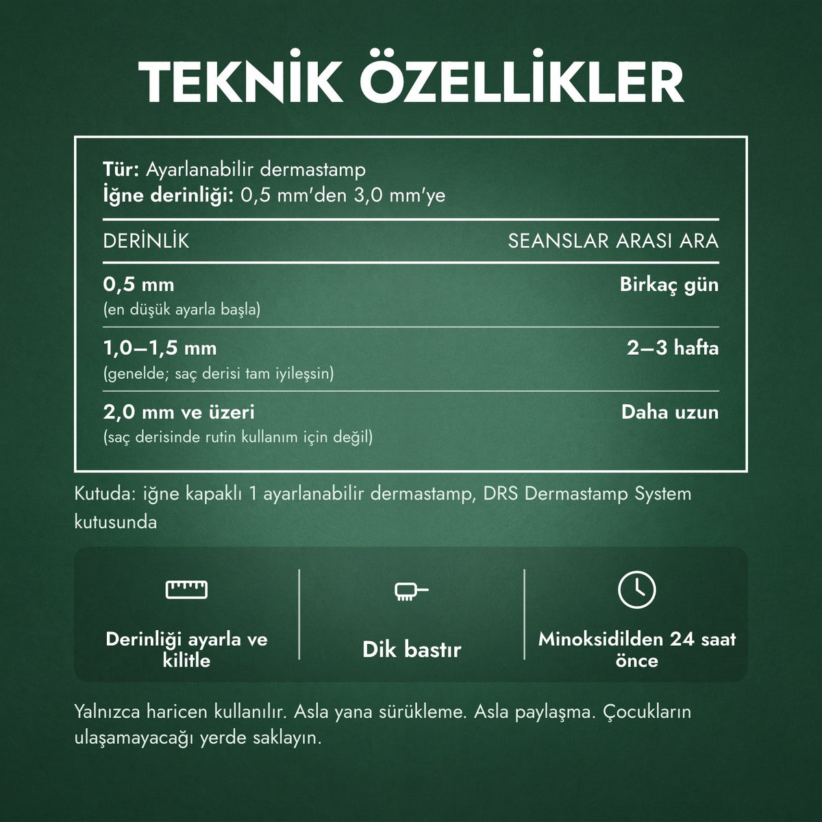 Teknik özellikler: Ayarlanabilir dermastamp, 0,5–3,0 mm