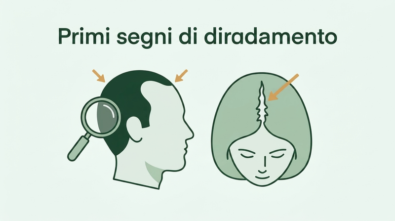 Primi segni di capelli diradati negli uomini e nelle donne