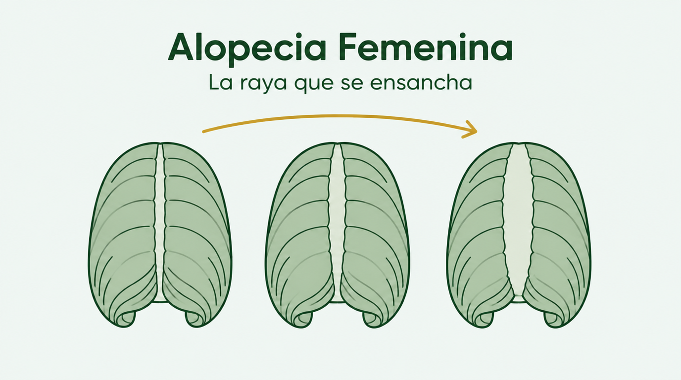 La caída del cabello de patrón femenino y la raya cada vez más ancha