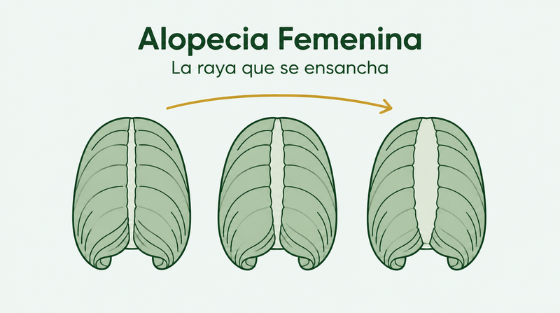 La caída del cabello de patrón femenino y la raya cada vez más ancha