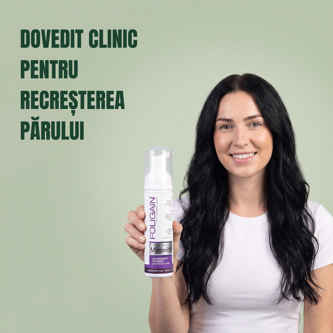 Spumă Foligain cu Minoxidil 2% pentru femei - rezervă pentru 12 luni — ambalaj produs pe fundal alb