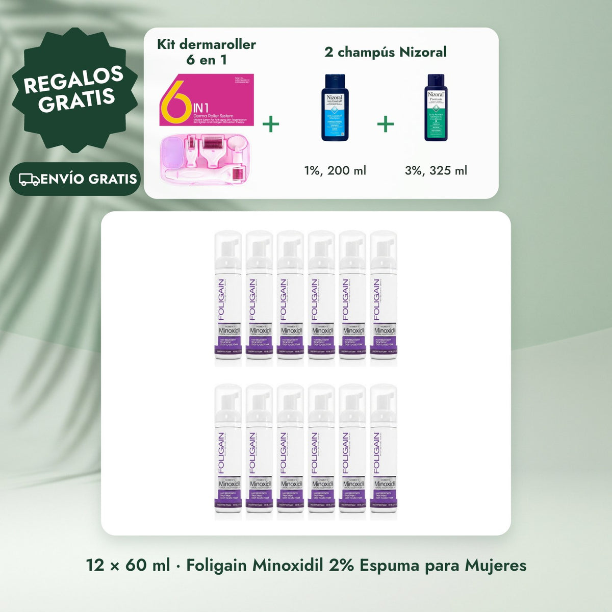 12 × 60 ml · Foligain Minoxidil 2% Espuma para Mujeres: Kit dermaroller 6 en 1, 2 champús Nizoral