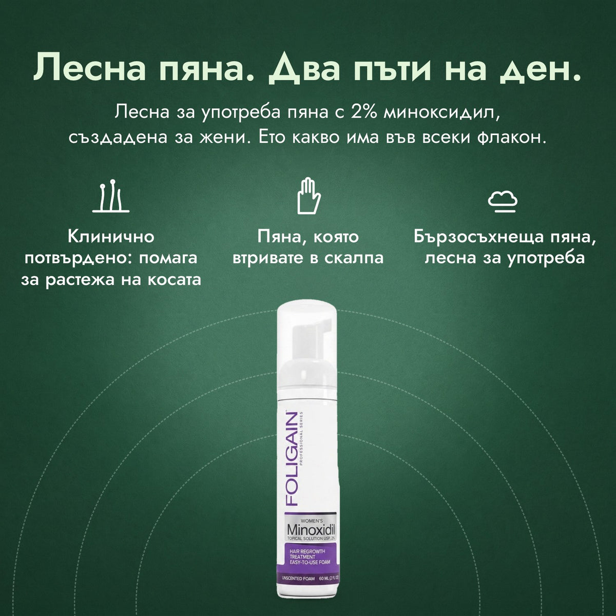 Foligain пяна с миноксидил 2% за жени: Лесна пяна. Два пъти на ден. Клинично потвърдено: помага за растежа на косата, Пяна, която втривате в скалпа, Бързосъхнеща пяна, лесна за употреба