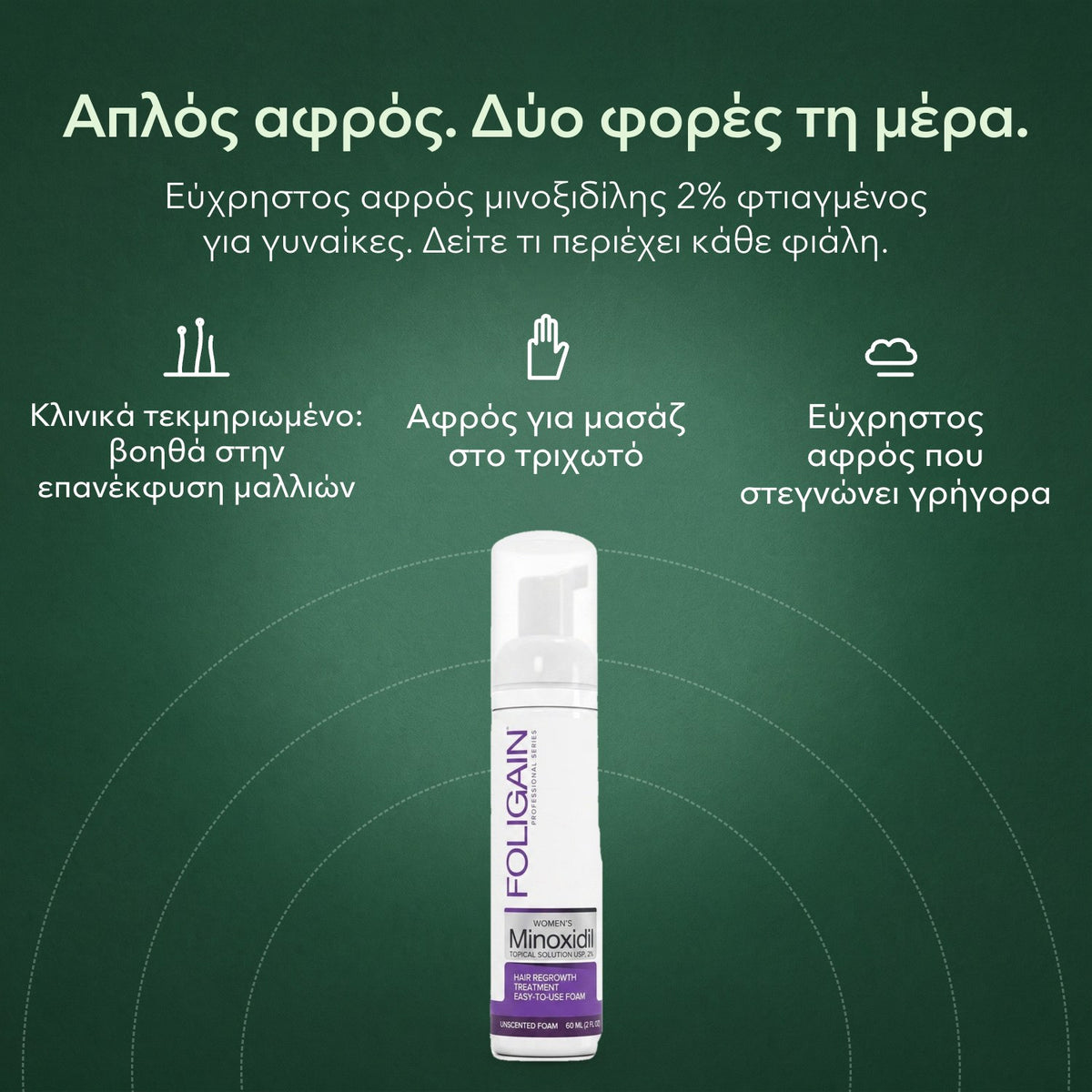 Foligain αφρός μινοξιδίλης 2% για γυναίκες: Απλός αφρός. Δύο φορές τη μέρα. Κλινικά τεκμηριωμένο: βοηθά στην επανέκφυση μαλλιών, Αφρός για μασάζ στο τριχωτό, Εύχρηστος αφρός που στεγνώνει γρήγορα