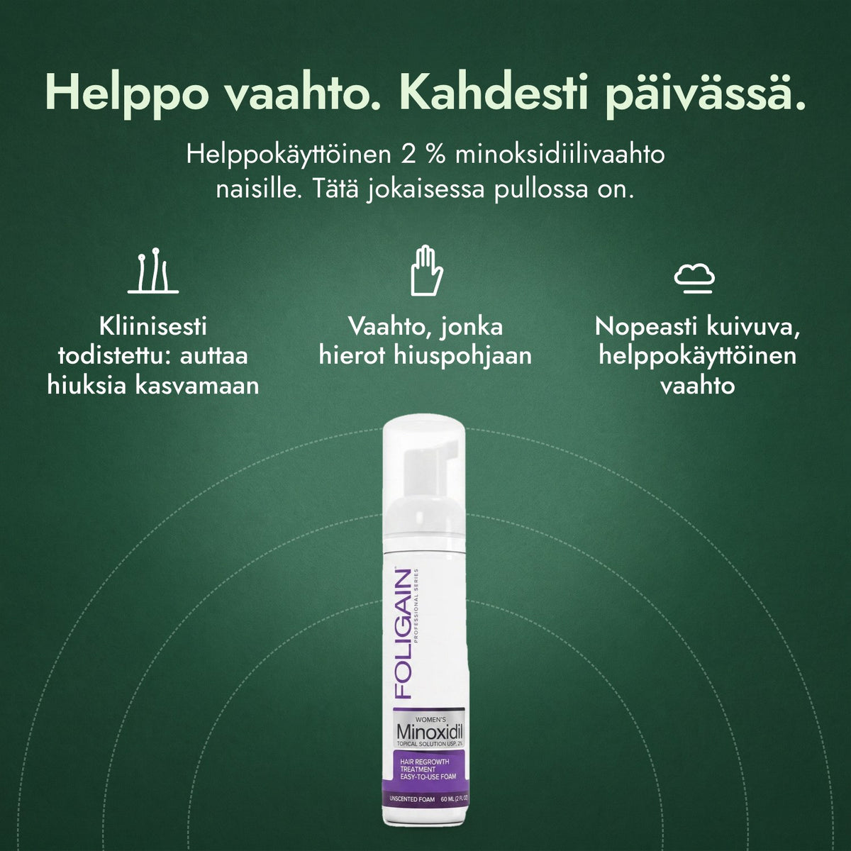 Foligain minoksidiili 2 % vaahto naisille: Helppo vaahto. Kahdesti päivässä. Kliinisesti todistettu: auttaa hiuksia kasvamaan, Vaahto, jonka hierot hiuspohjaan, Nopeasti kuivuva, helppokäyttöinen vaahto